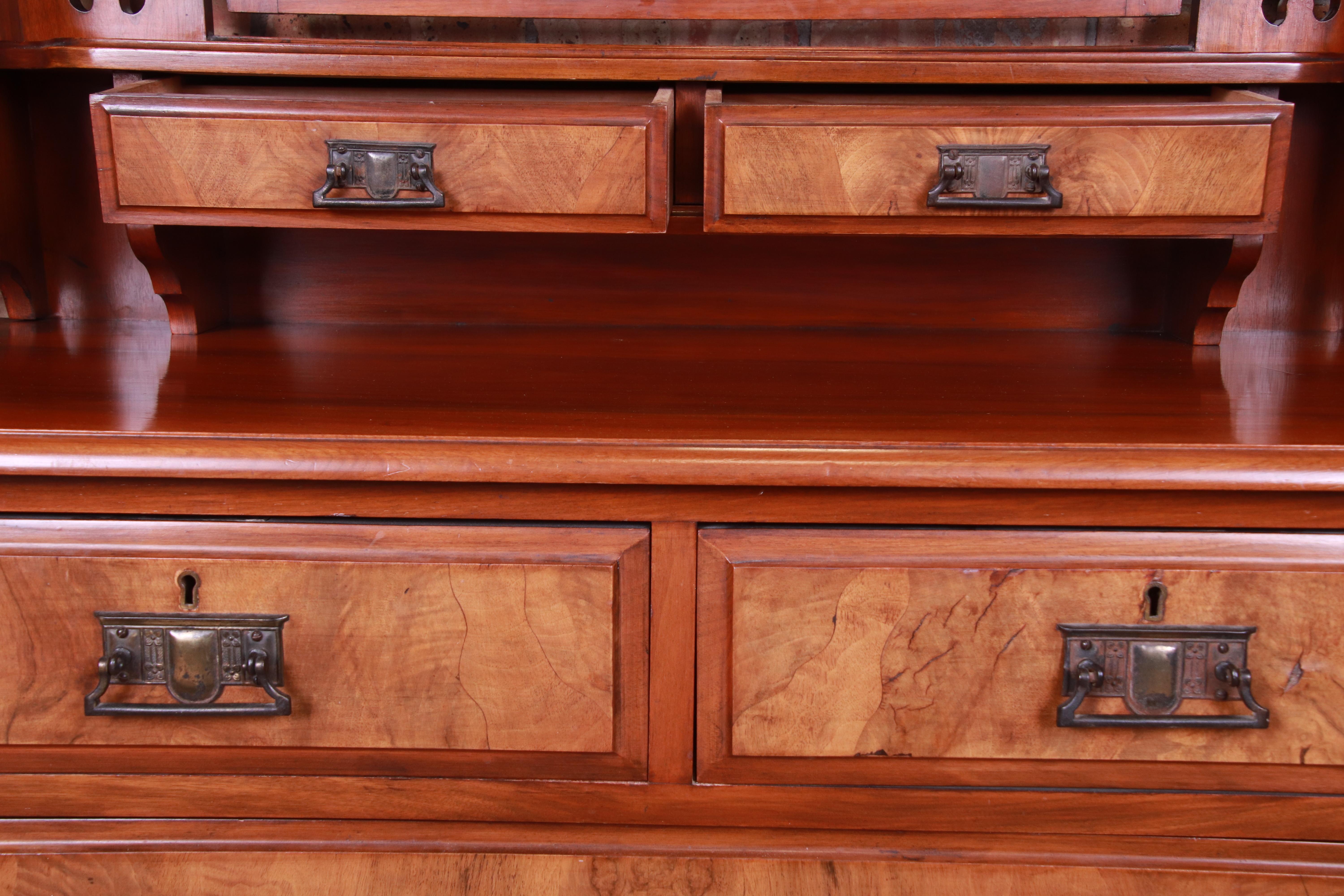 19th Century Aesthetic Movement Walnut and Burl Dresser with Triple Mirror In Good Condition In South Bend, IN