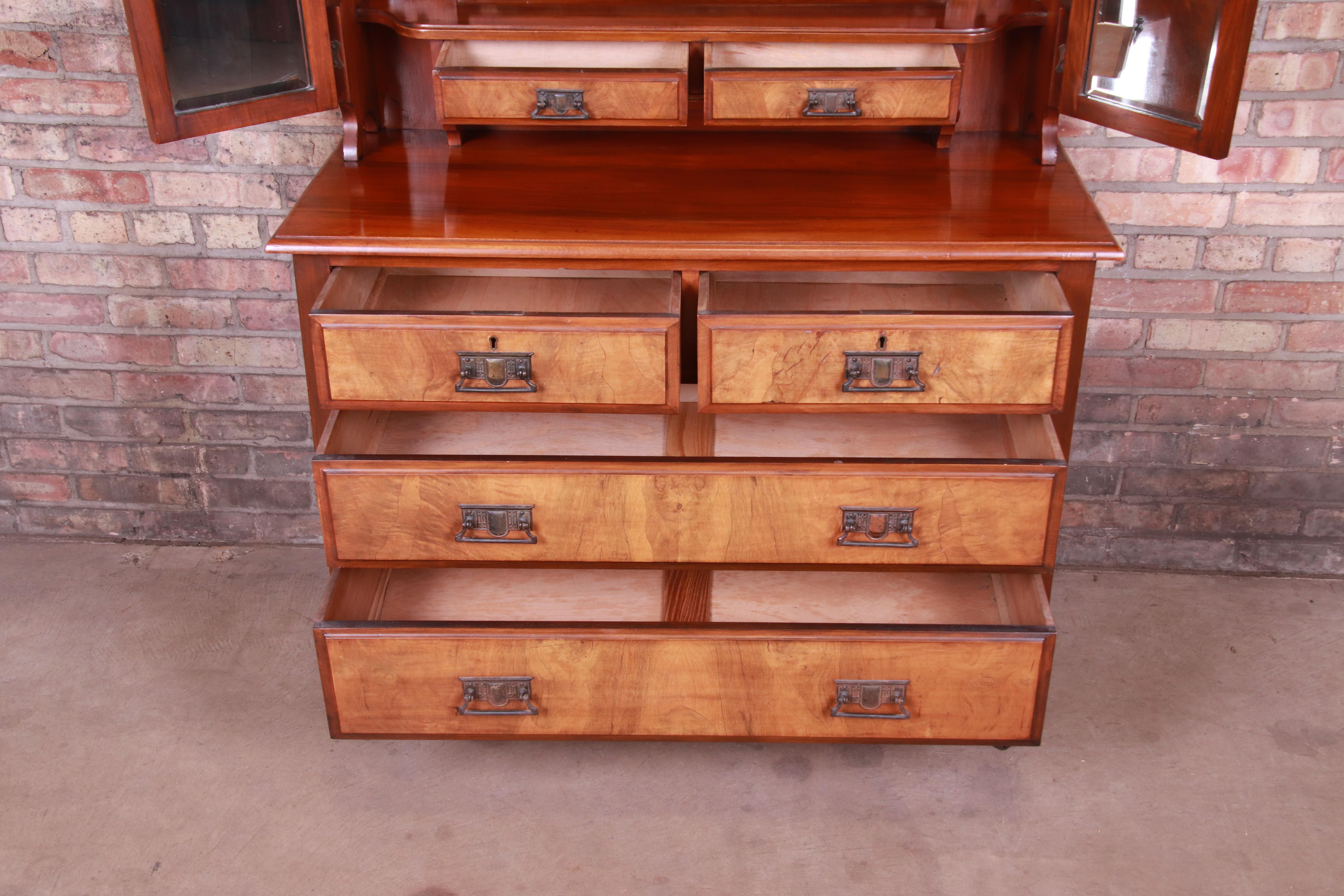 19th Century Aesthetic Movement Walnut and Burl Dresser with Triple Mirror 1