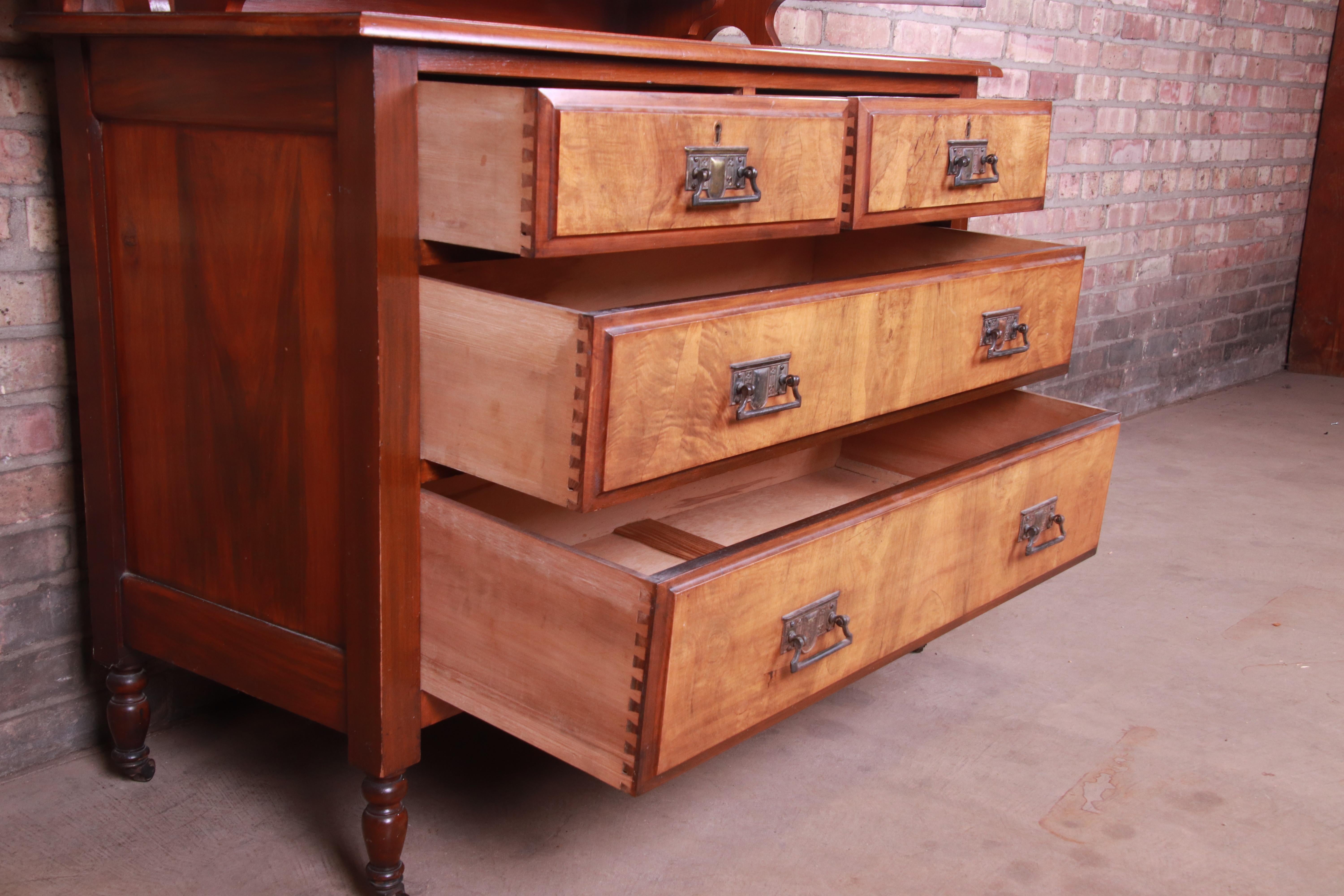 19th Century Aesthetic Movement Walnut and Burl Dresser with Triple Mirror 2