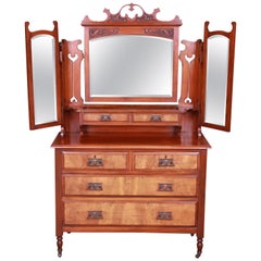 19th Century Aesthetic Movement Walnut and Burl Dresser with Triple Mirror