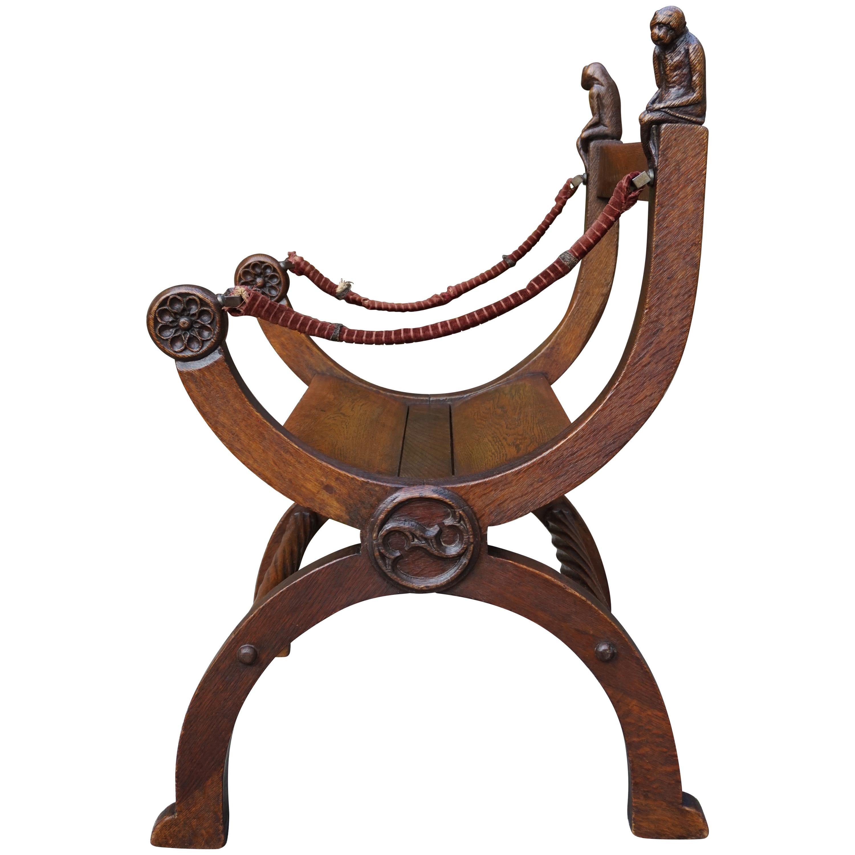 19th Century Aesthetic Movement X-Frame Chair w. Hand Carved Monkey Finials For Sale