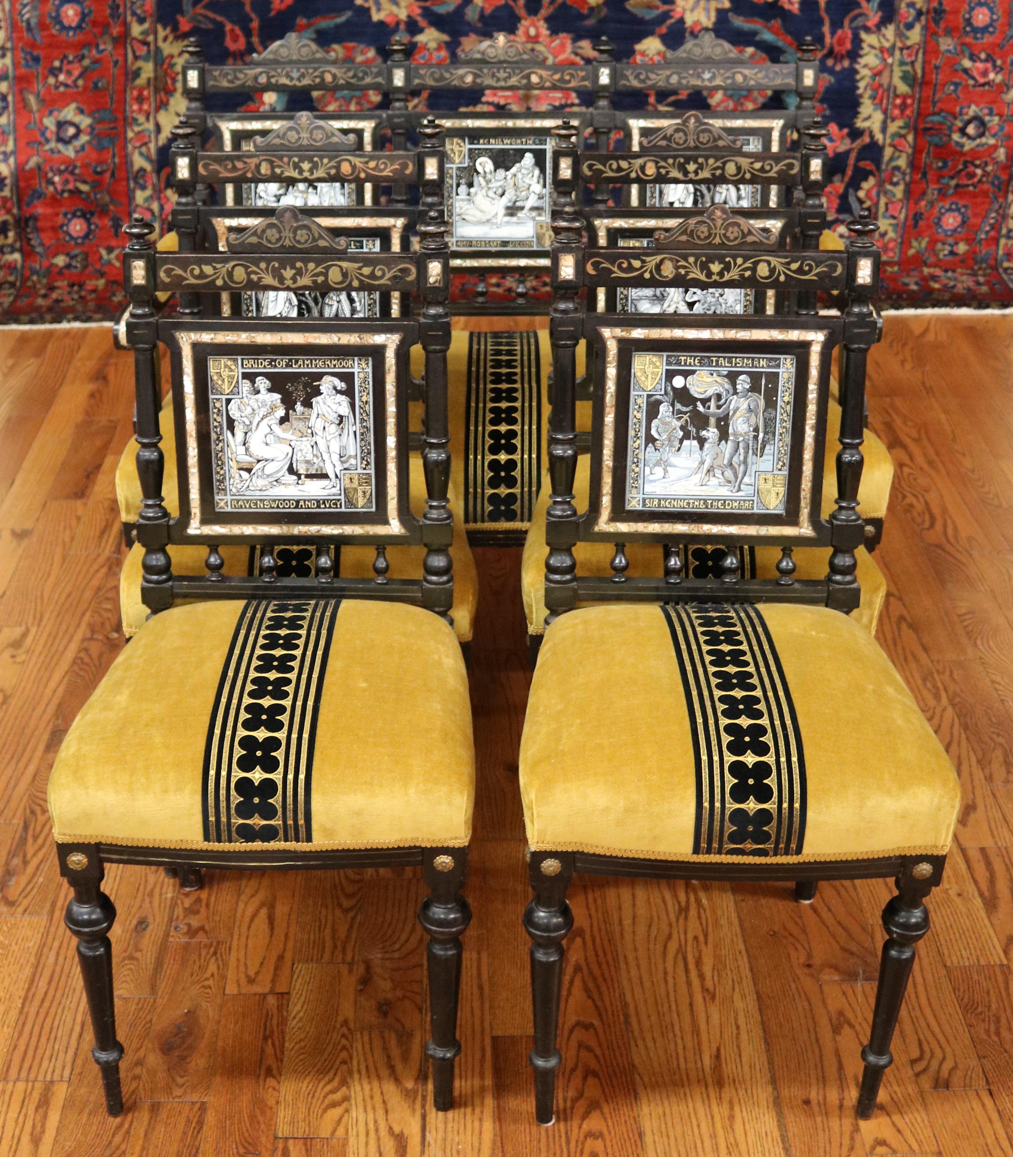 This parlor set was designed by John Moyr Smith in the 19th century UK. The panels are made by Minton designed by John Moyr Smith. The panels are excellently made and the chairs are amazingly carved! Two similar chairs made by John Moyr Smith are in