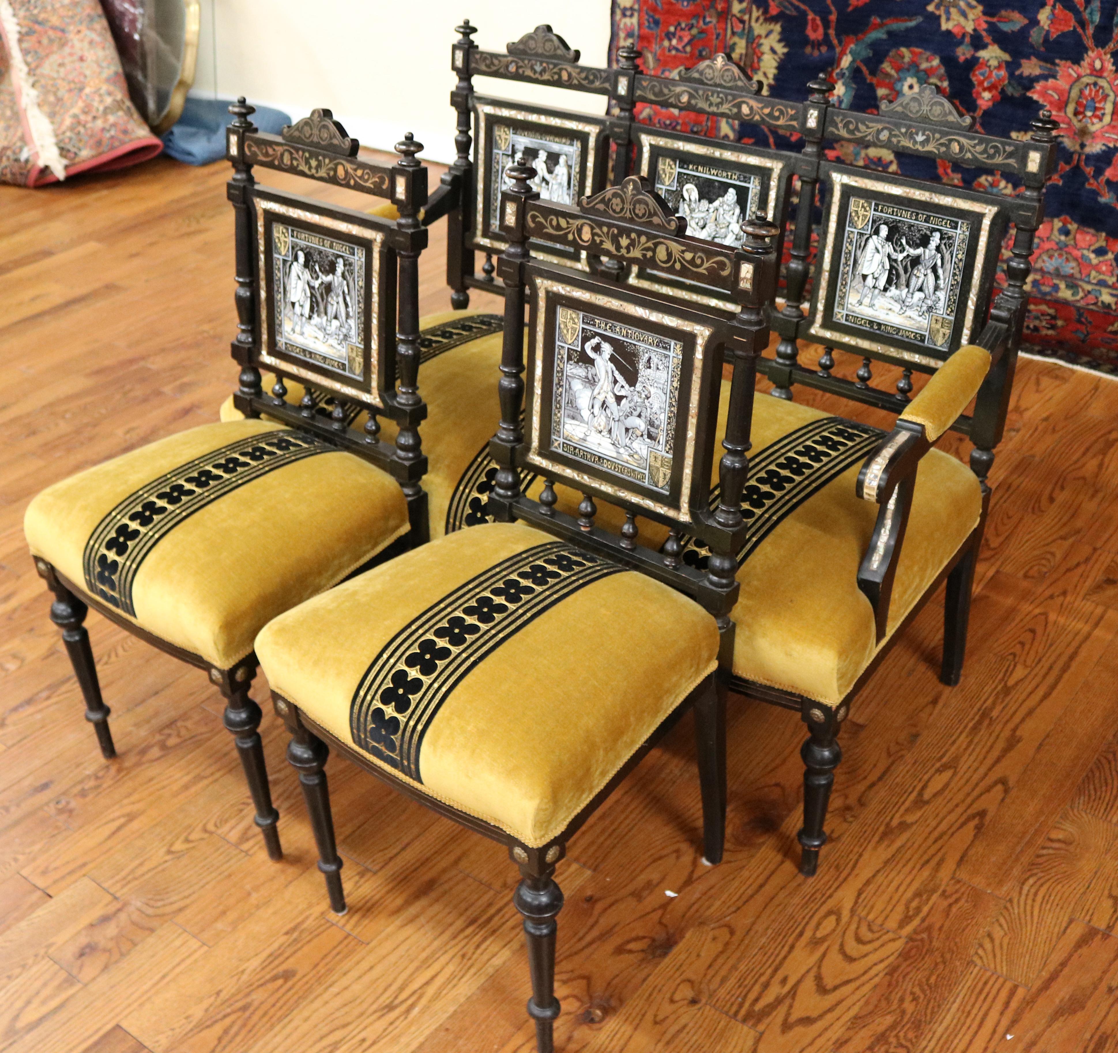 Porcelain 19th Century Aesthetic Victorian Parlor Set Settee & 4 Chairs By John Moyr Smith For Sale