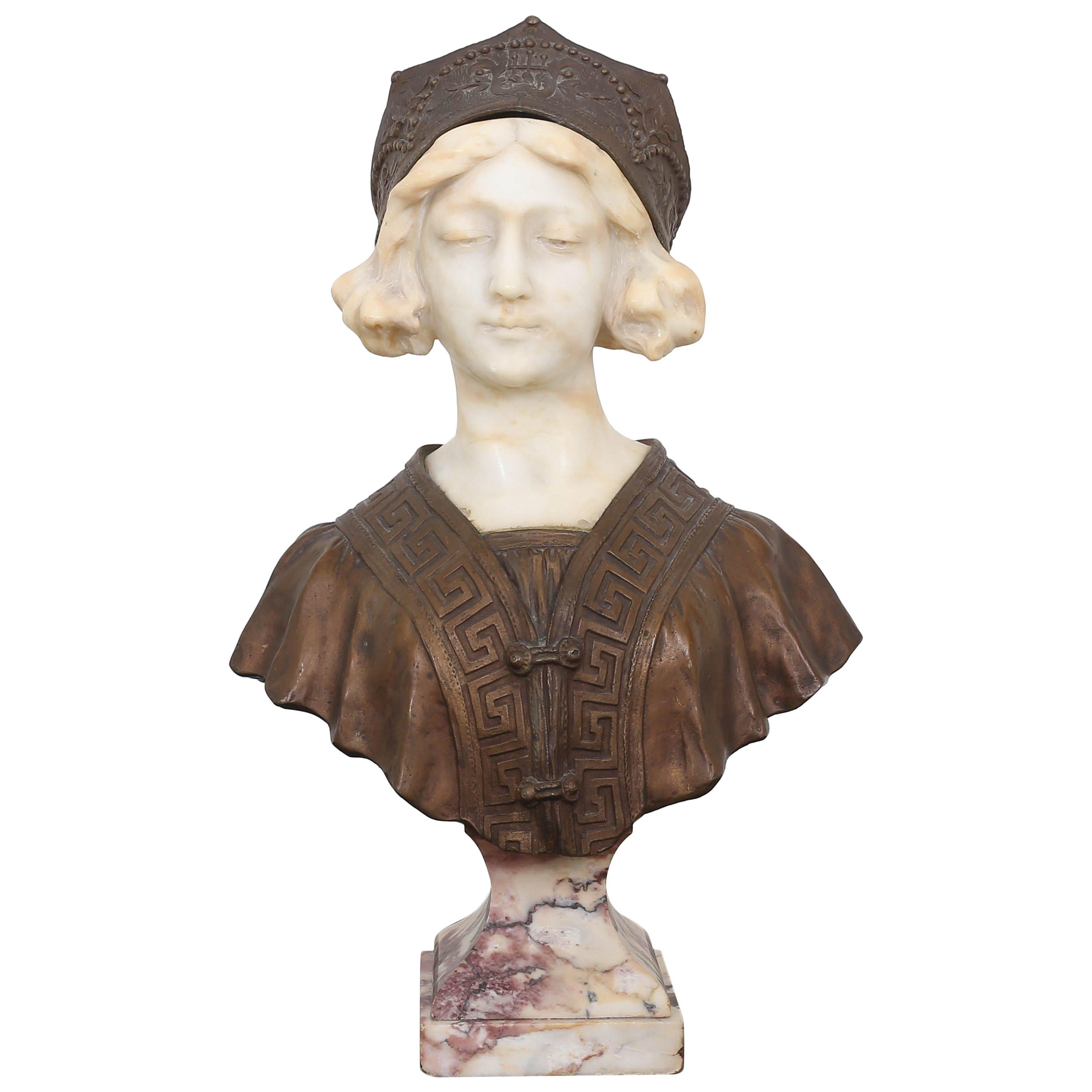 19th Century Affortunato Gory Marble and Bronze Clad Bust of a Maiden For Sale