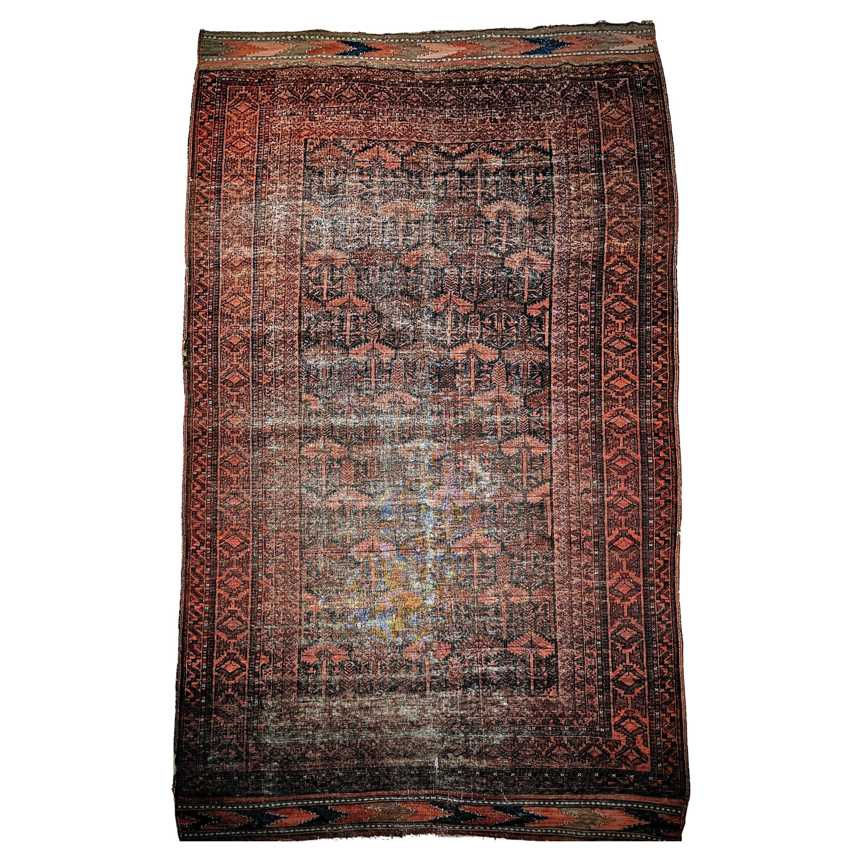 19th Century Afghan Gallery Rug in Geometric Pattern in Rust Red, Navy, Brown For Sale