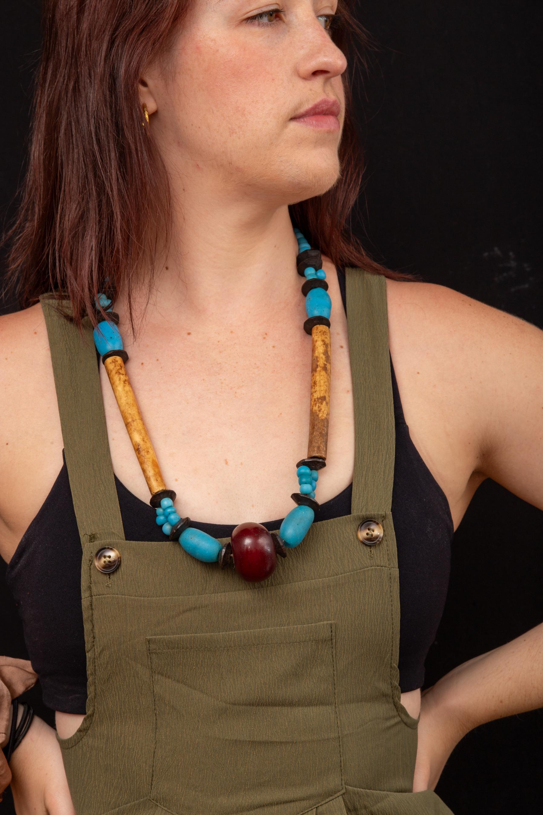 Victorian 19th Century African Bone, Amber and Turquoise Glass Necklace For Sale