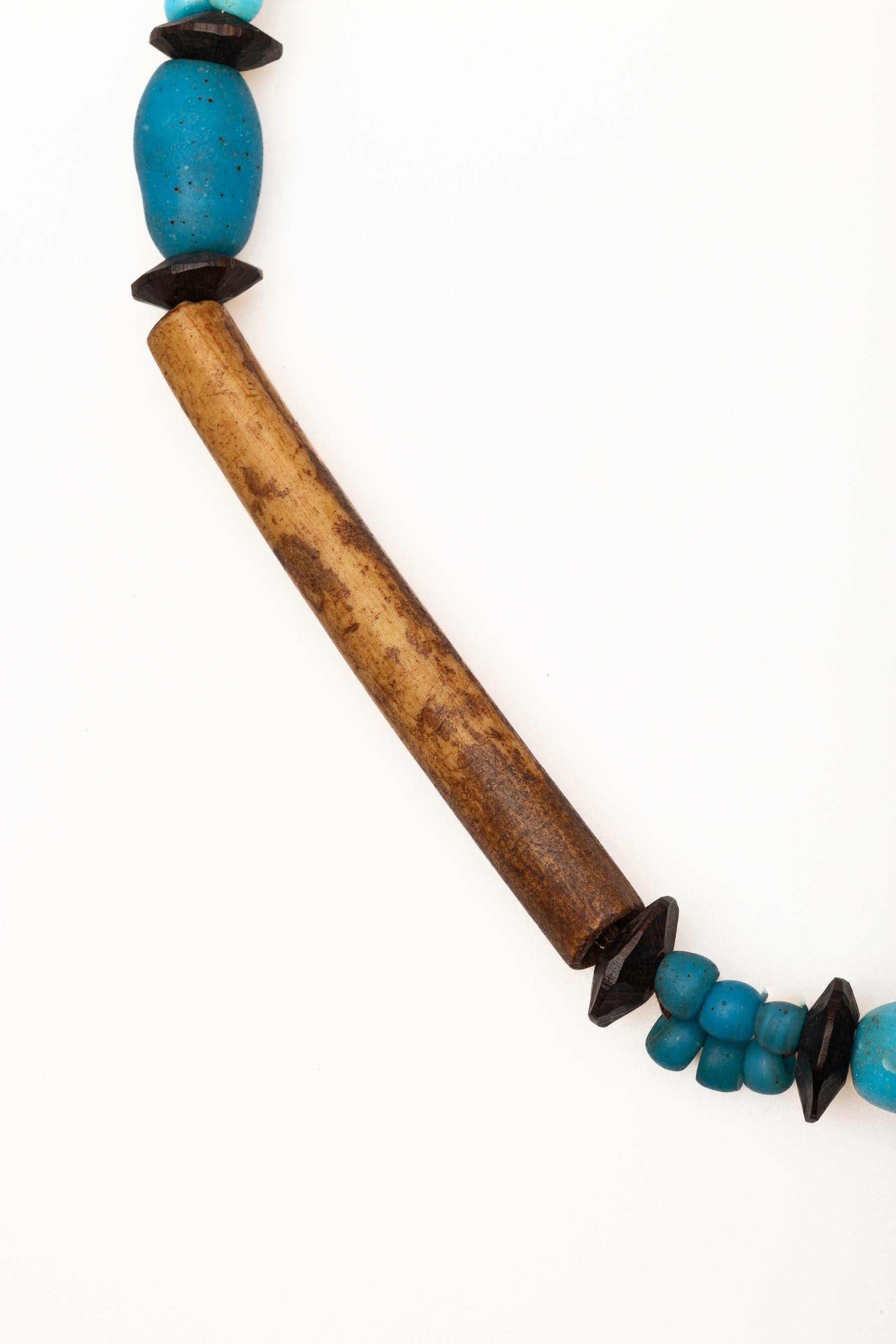 Women's or Men's 19th Century African Bone, Amber and Turquoise Glass Necklace For Sale