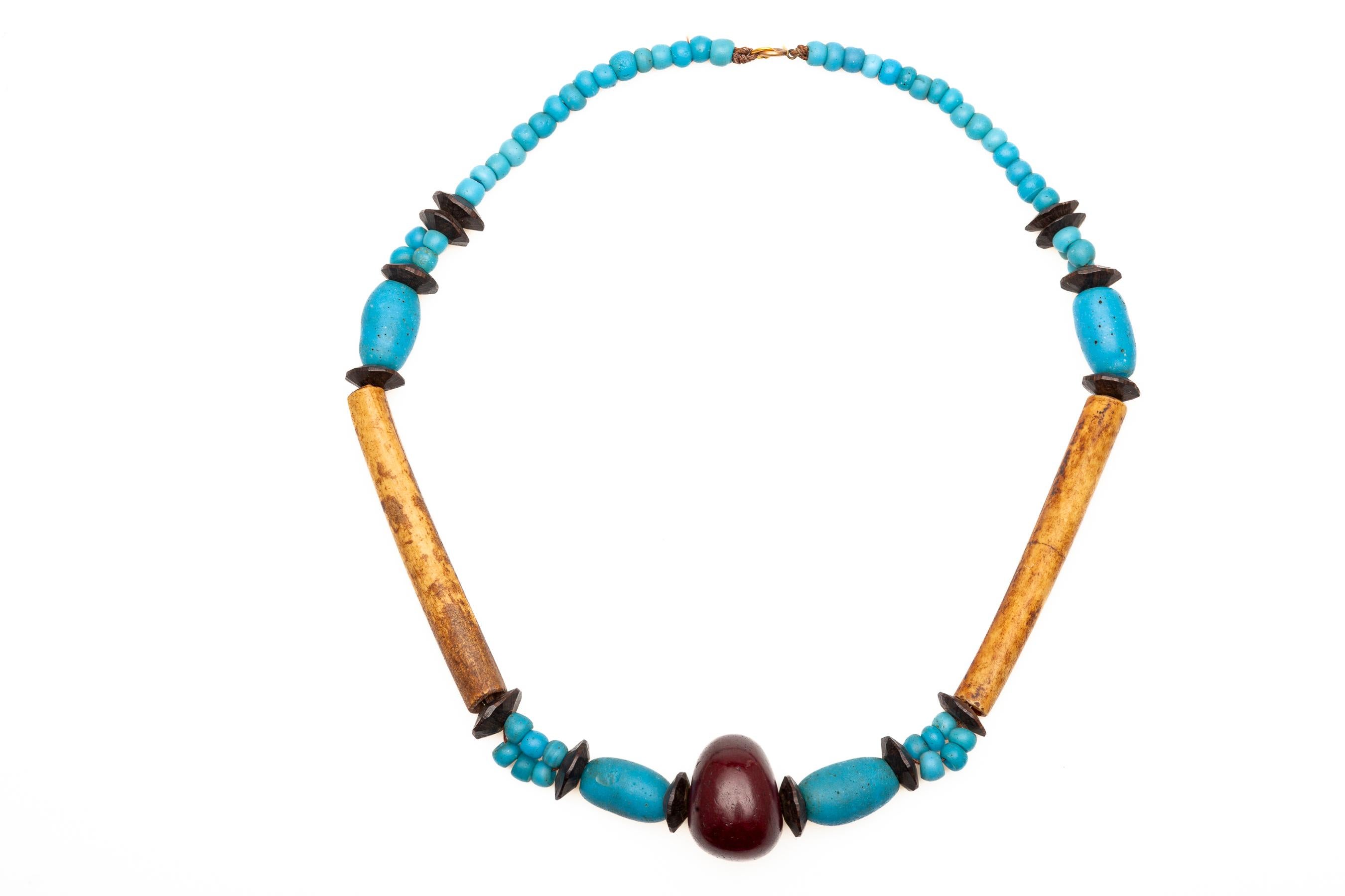 19th Century African Bone, Amber and Turquoise Glass Necklace For Sale 1