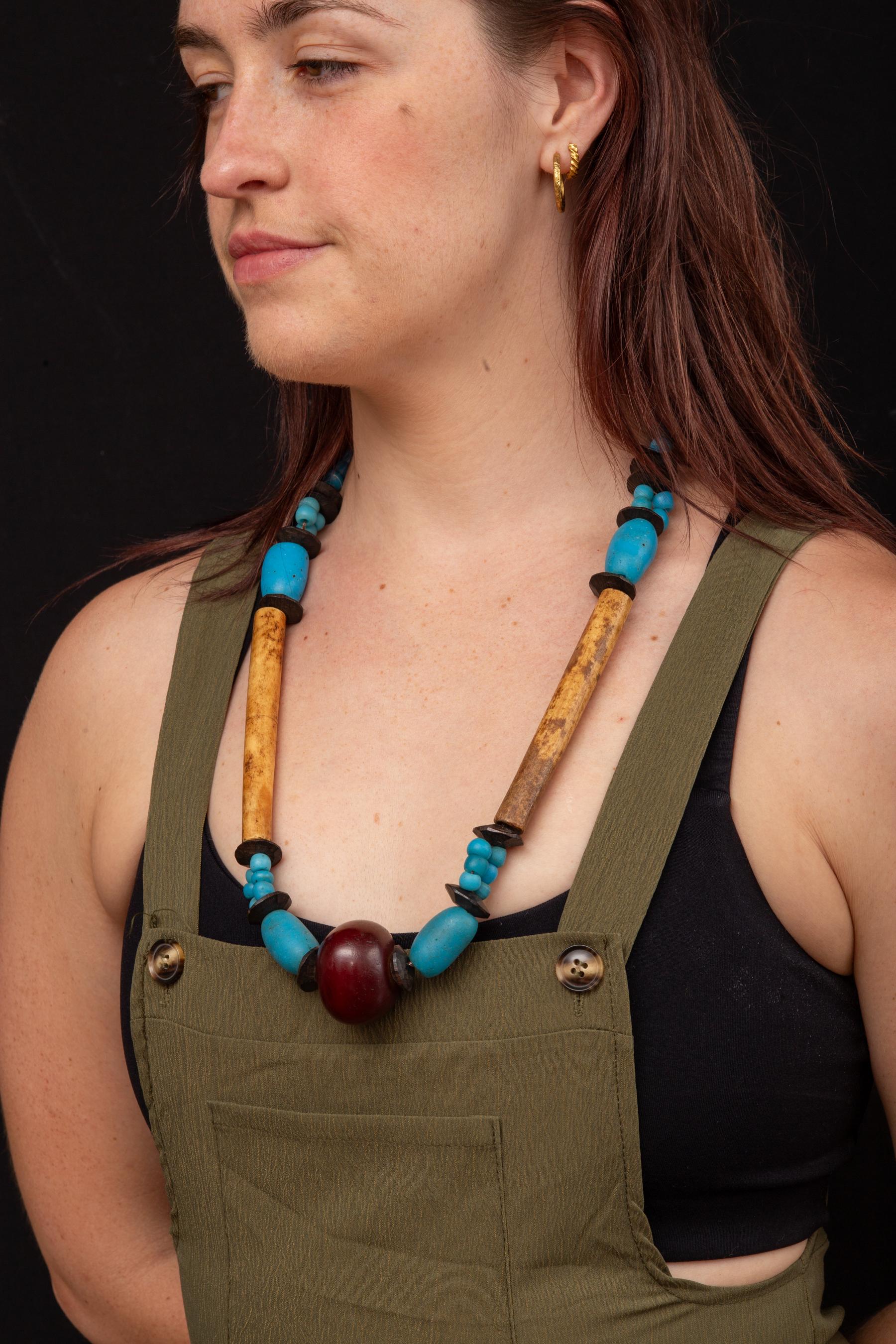 19th Century African Bone, Amber and Turquoise Glass Necklace For Sale 2