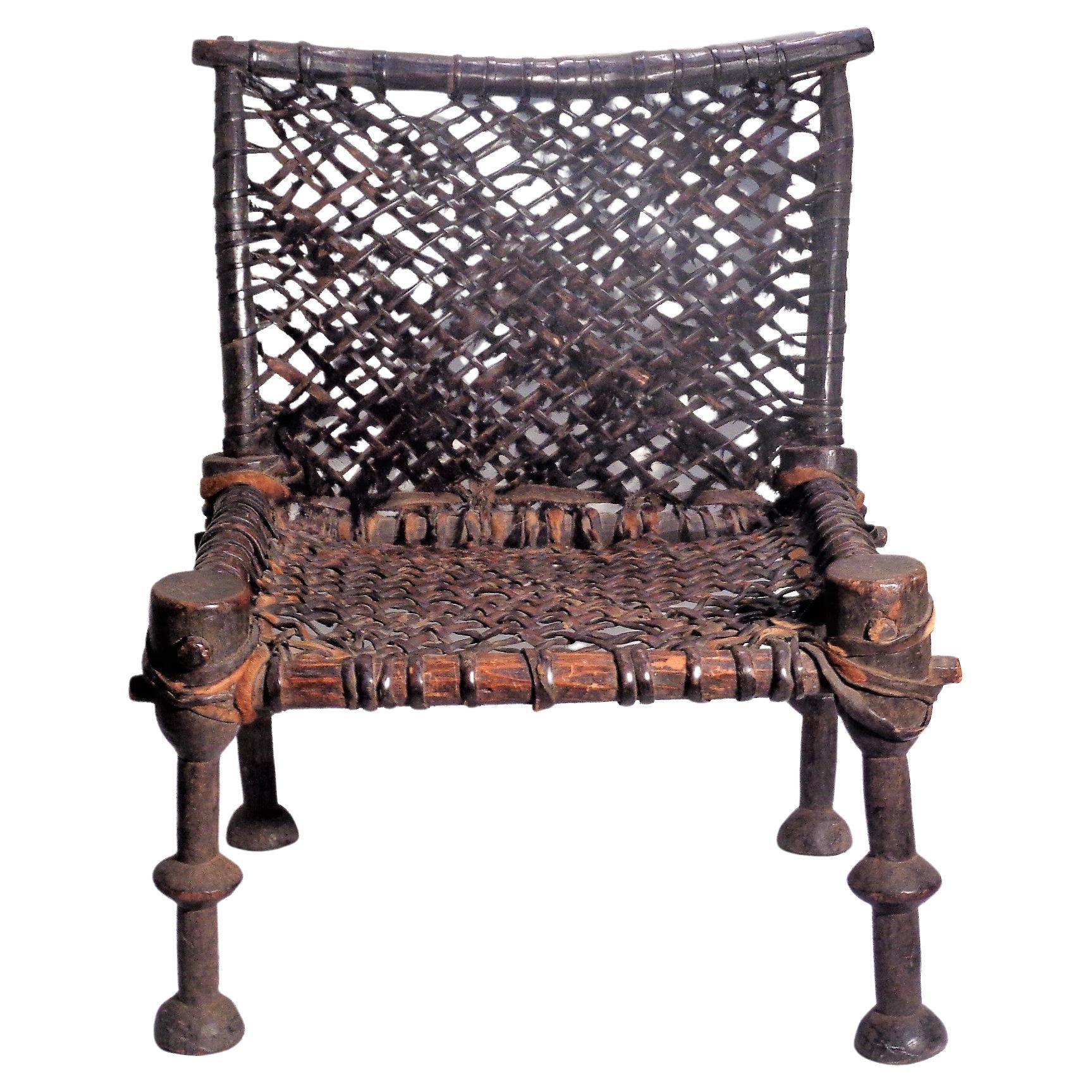 Ethiopian 19th Century African Wood and Leather Chair For Sale