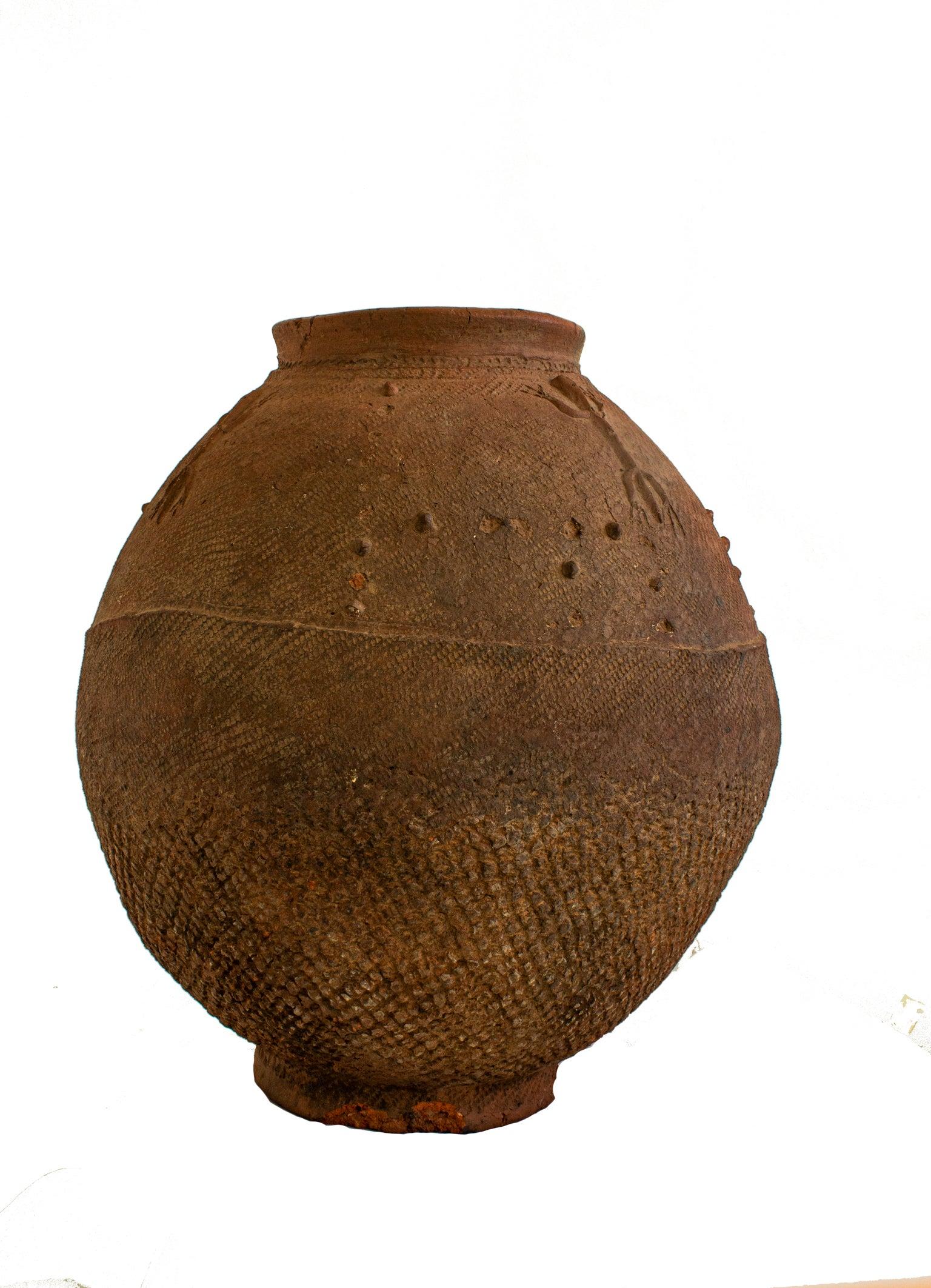 Tribal 19th Century African Red Clay Water Vessel from Bambara Jidaga with Lizards