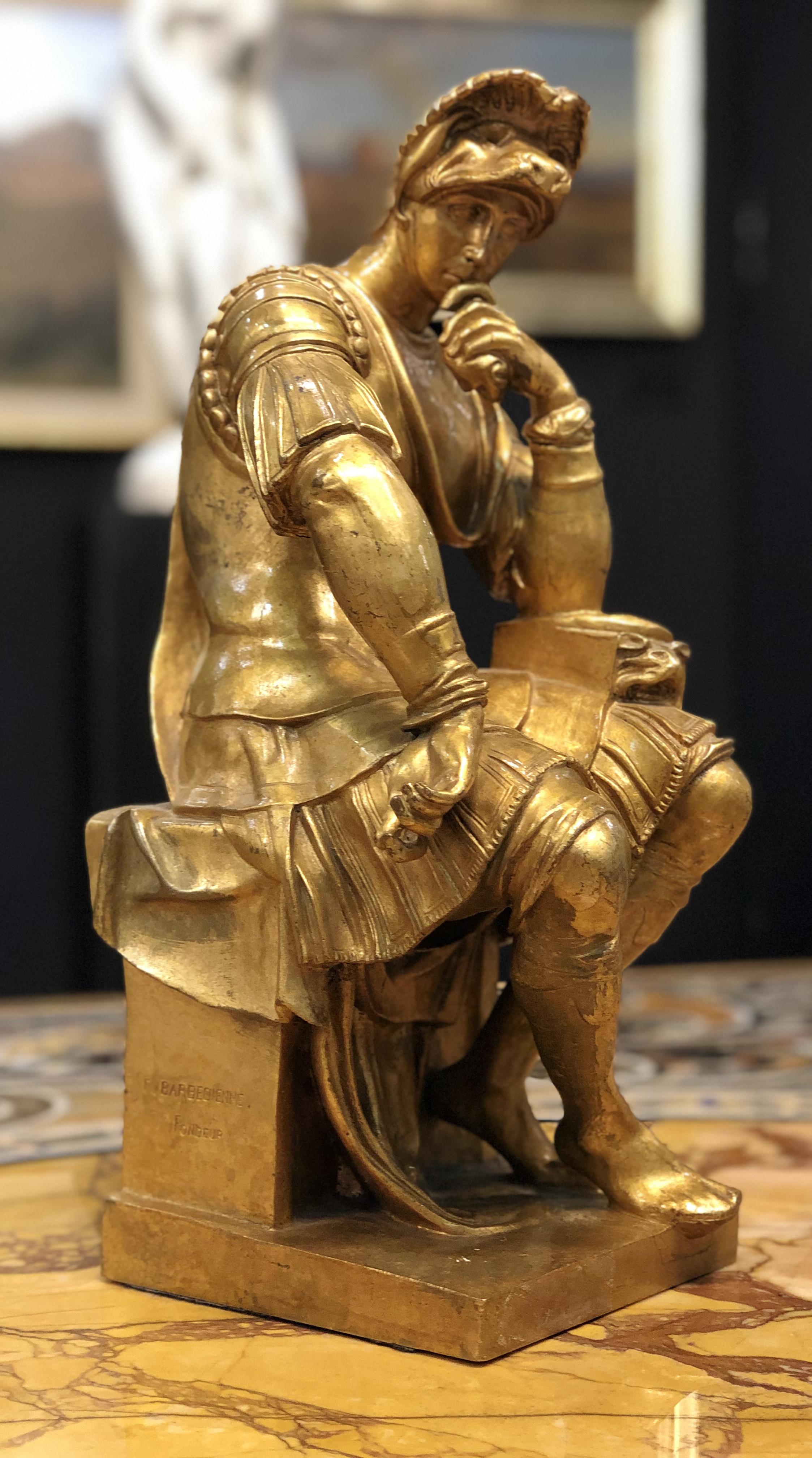 19th Century after Michelangelo French Sculpture Gold Bronze Barbedienne Signed 8