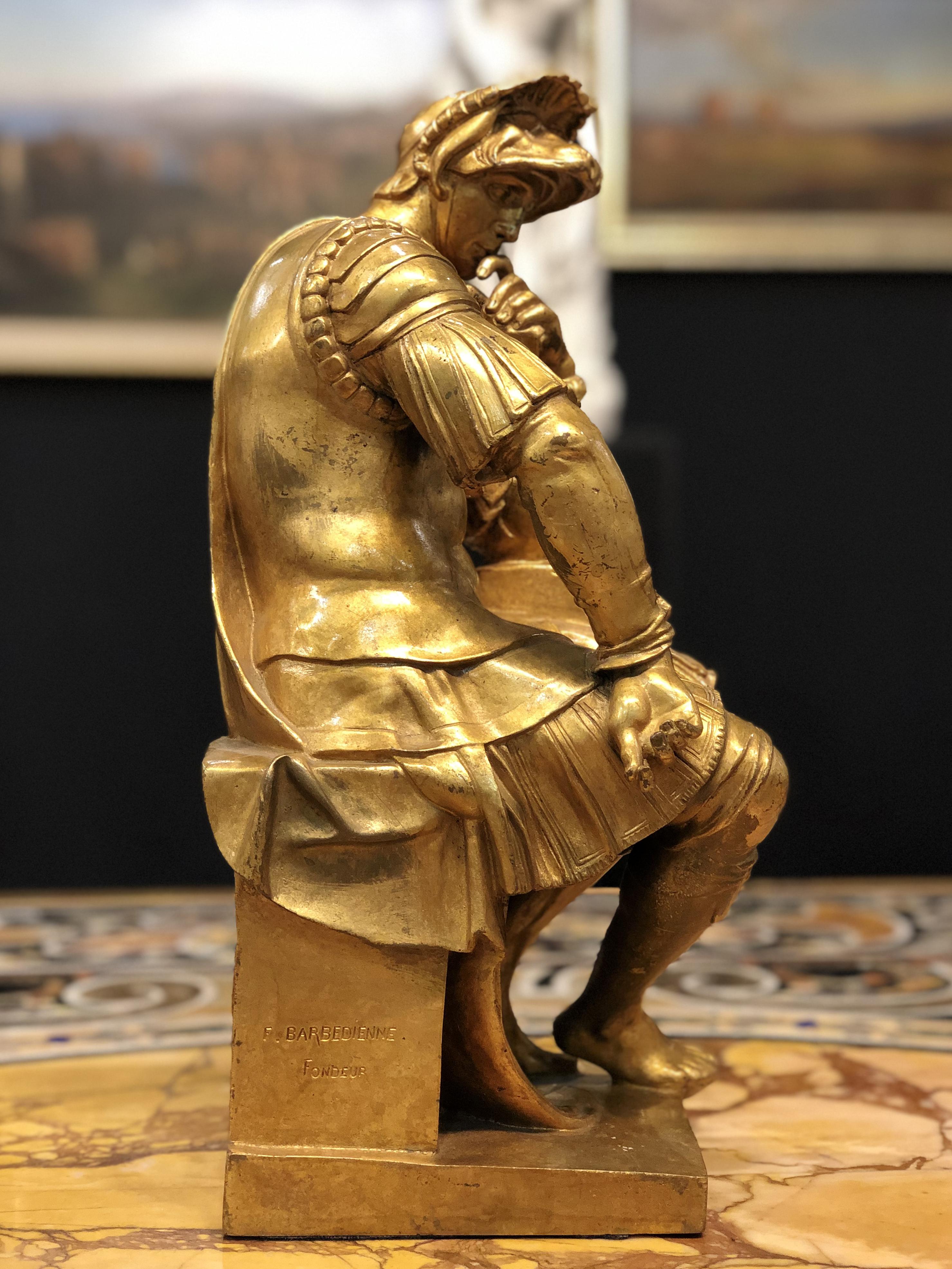 After Michelangelo, late 19th century Lorenzo de'Medici Urbino's Duke gilded bronze sculpture, foundry F. Barbedienne. France (as per inscription on the base). For the figure of Lorenzo de' Medici, Michelangelo gives us an image of a mysteriously
