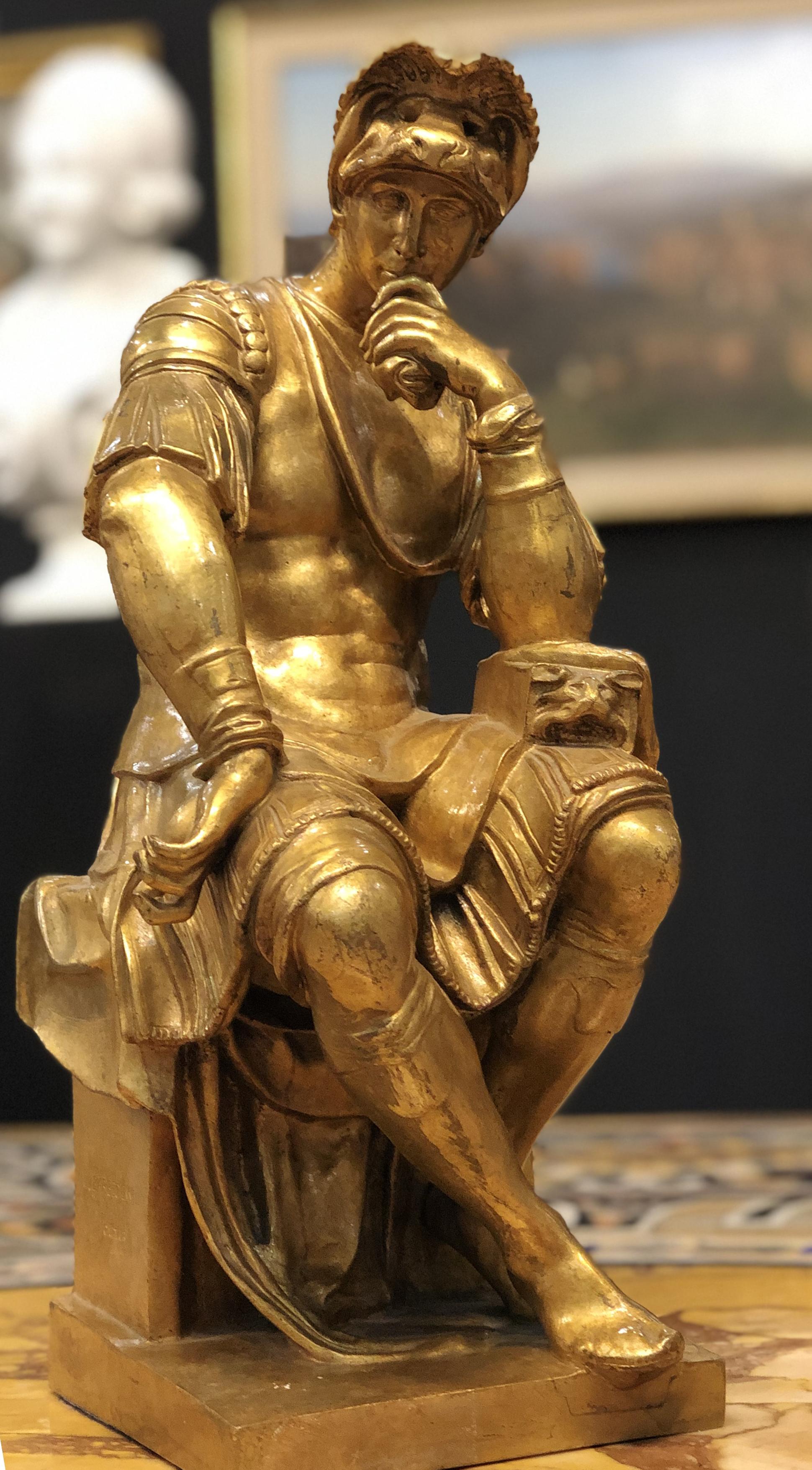 19th Century after Michelangelo French Sculpture Gold Bronze Barbedienne Signed In Good Condition In Roma, IT