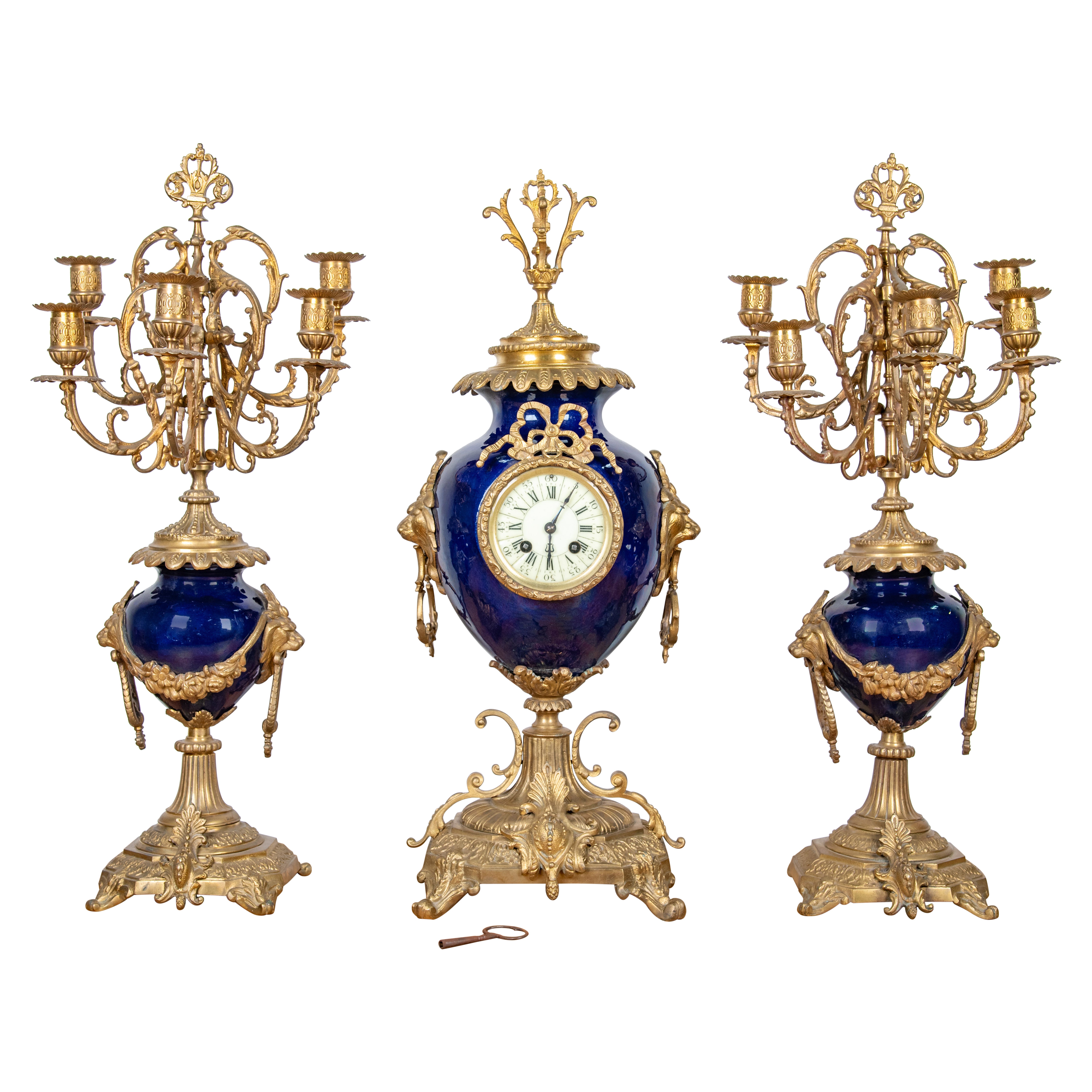 19th Century After Sevre Louis XV Style Mantel Clock Set