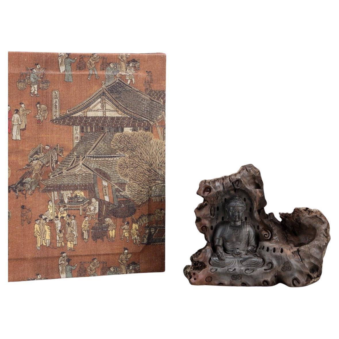 19th Century Agarwood Engraving Vairocana Buddha Sitting in a Cave