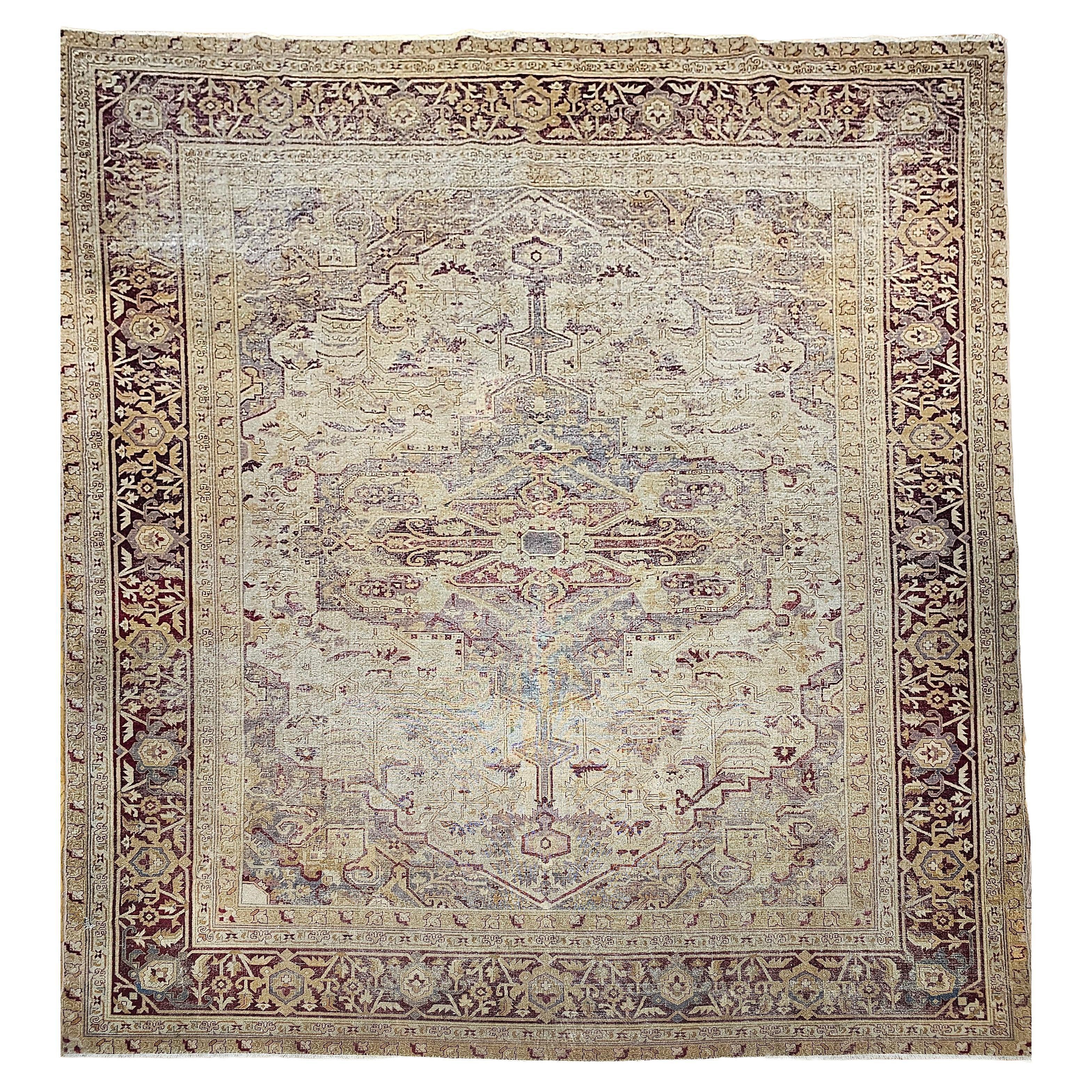 19th Century Agra Rug, Hand-Knotted Wool, Geometric Design, 12' x 14’
