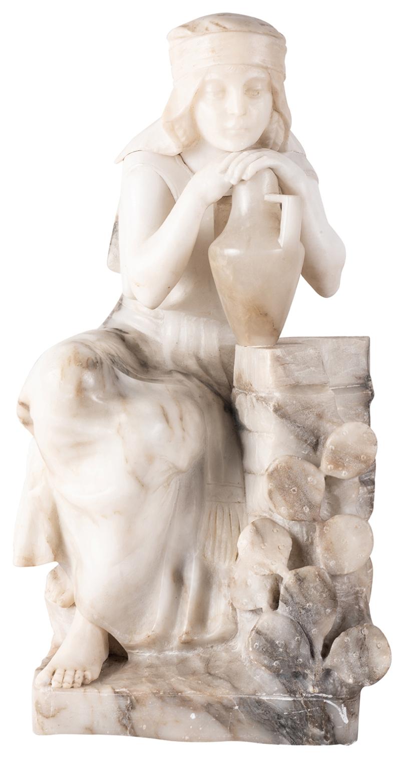 An enchanting 19th century Italian carved Alabaster statue of a seated Arab girl holding a water jug.
 