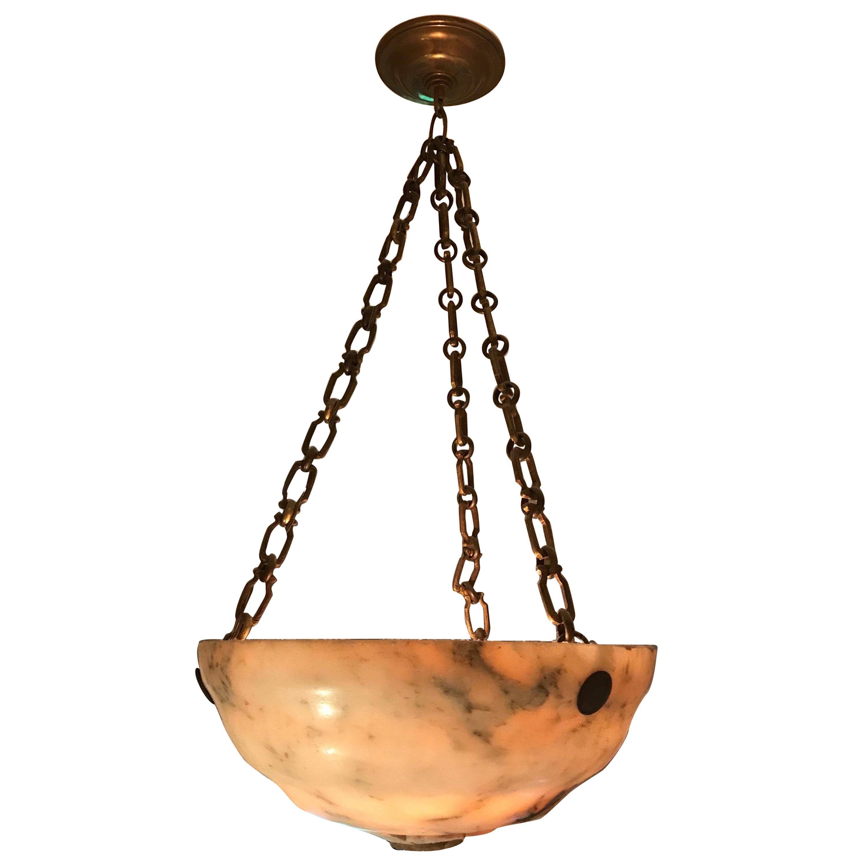 19th Century Alabaster Bowl Chandelier with Brass Link Chain For Sale