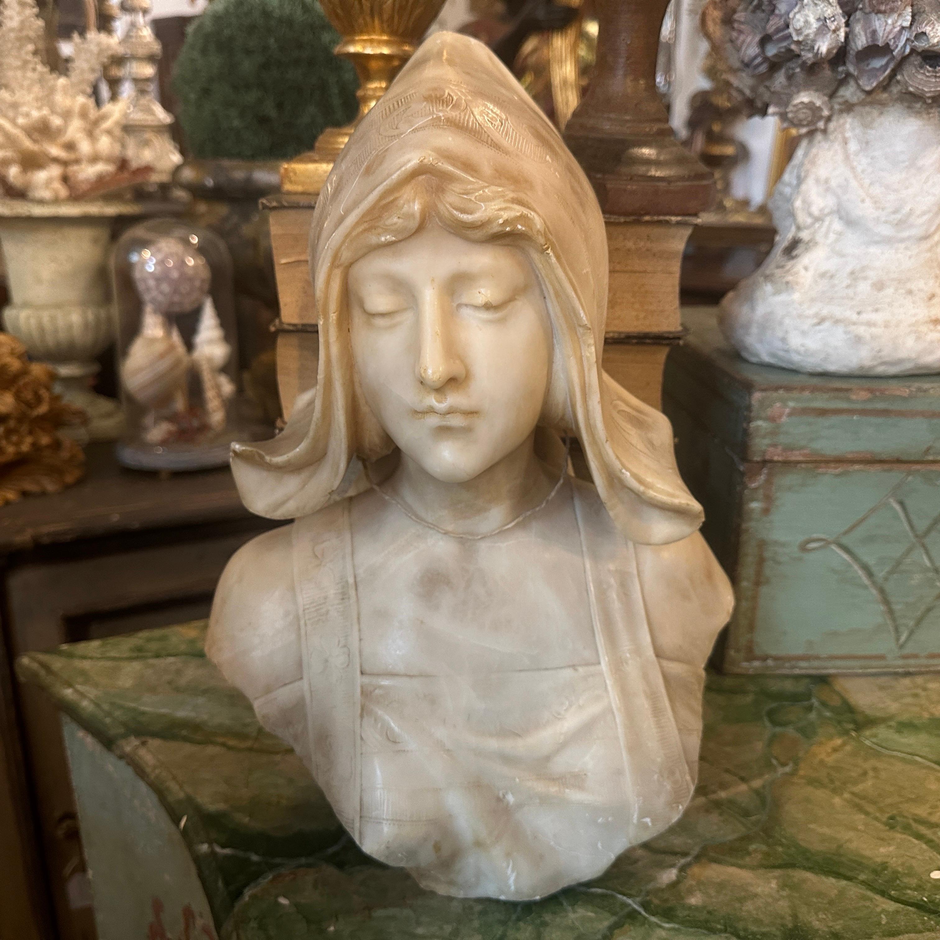 Hand-Crafted 19th Century Alabaster French Bust of a Woman with Hood Signed Massin