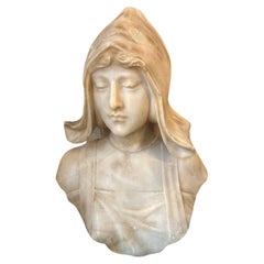 19th Century Alabaster French Bust of a Woman with Hood Signed Massin
