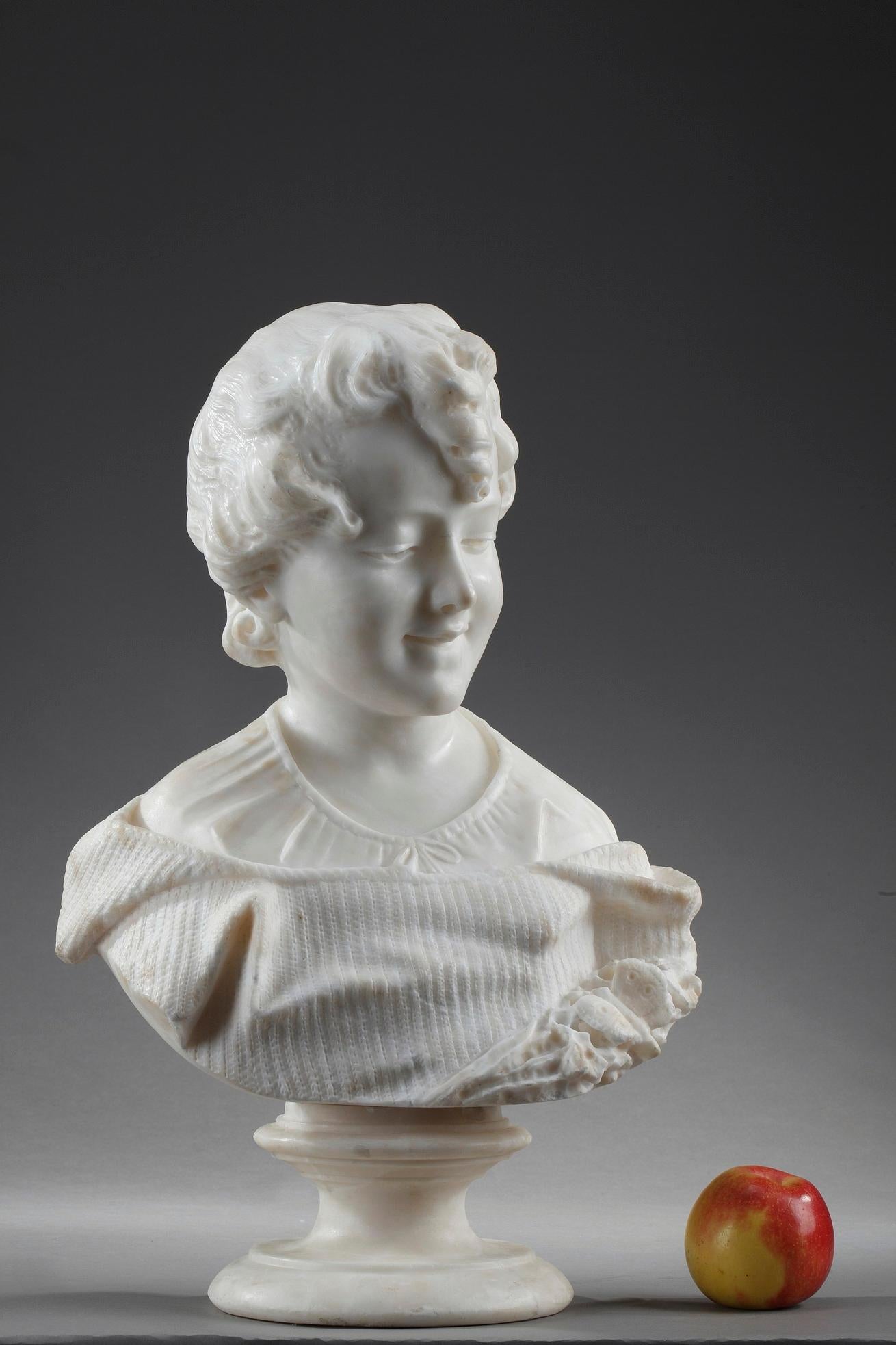 Alabaster sculpture depicting the portrait of a young girl in the taste of Albert-Ernest Carrier-Belleuse, (1824-1887). She is wearing a striped garment decorated with a butterfly that gathers flowers. The texture of her garment is very realistic.