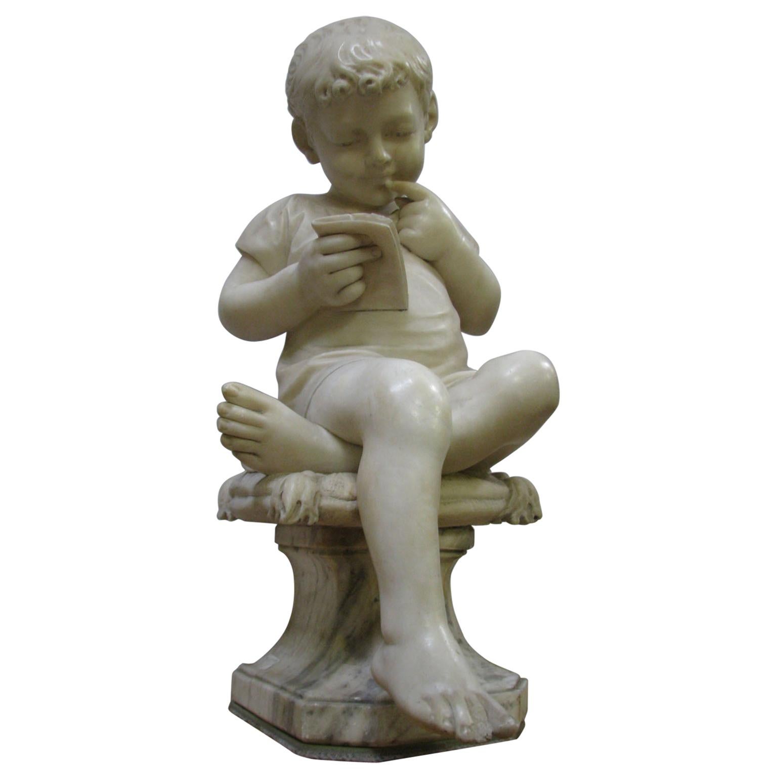 19th Century Alabaster Sculpture "Reading Boy" For Sale