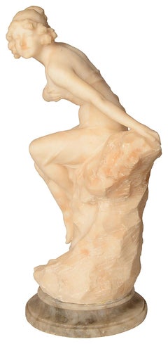 19th Century Alabaster Statue of a Young Girl Sitting on a Rock