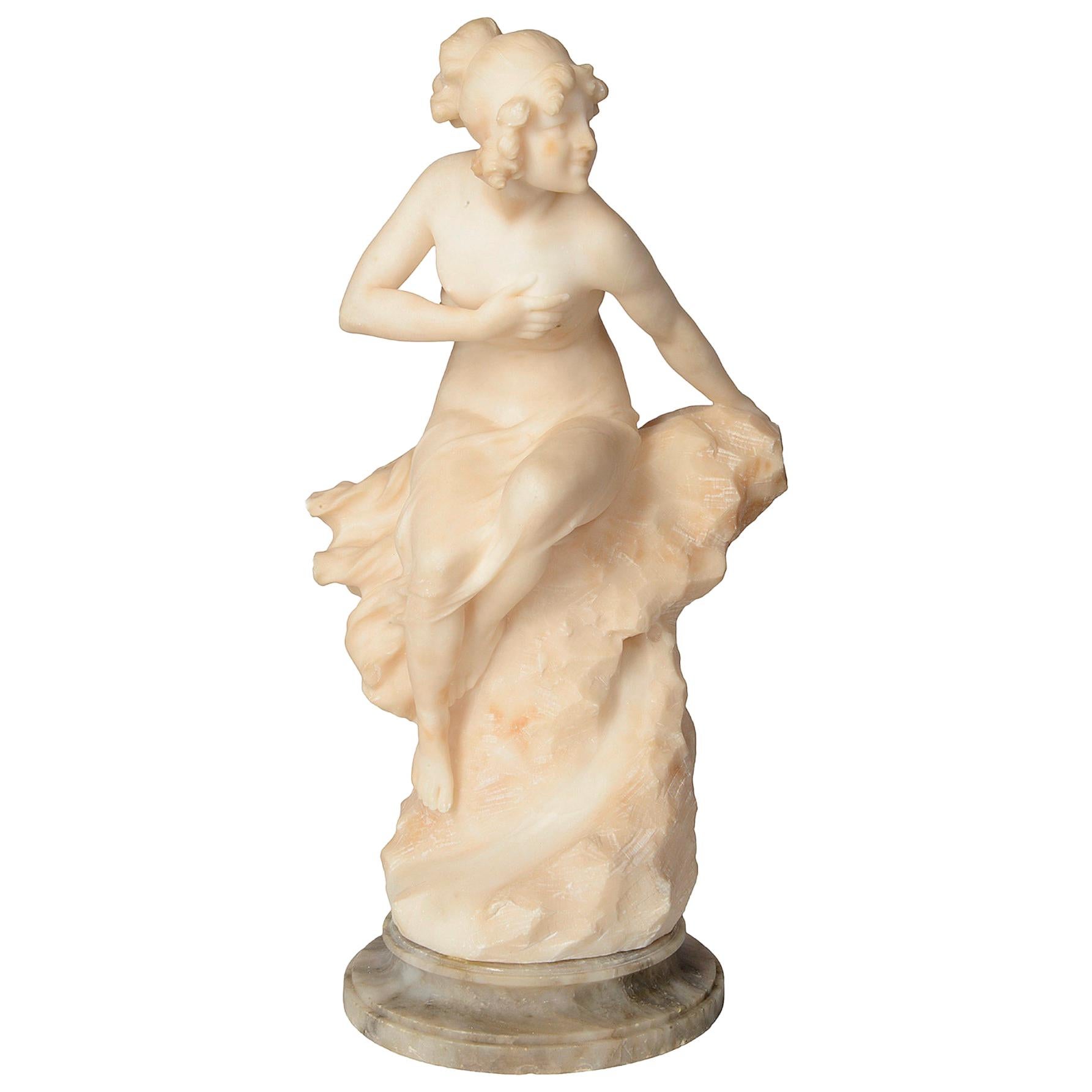 19th Century Alabaster Statue of a Young Girl Sitting on a Rock