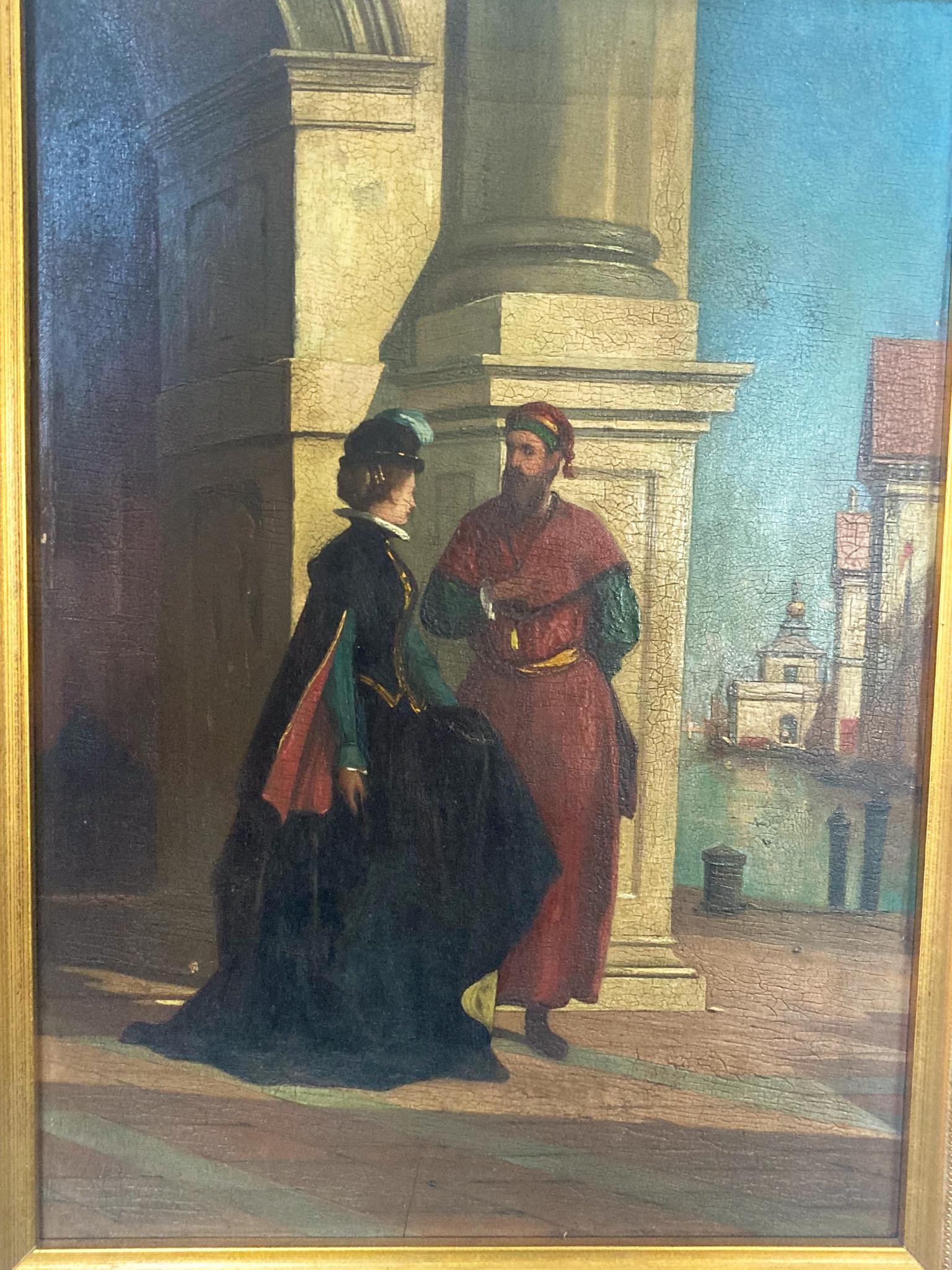 In this oil-on-panel painting by American painter and printmaker Albion Harris Bicknell (1837-1915), two people are seen in conversation near a harbor. They stand beneath a column at the entrance of what is perhaps a church. Bicknell has rendered