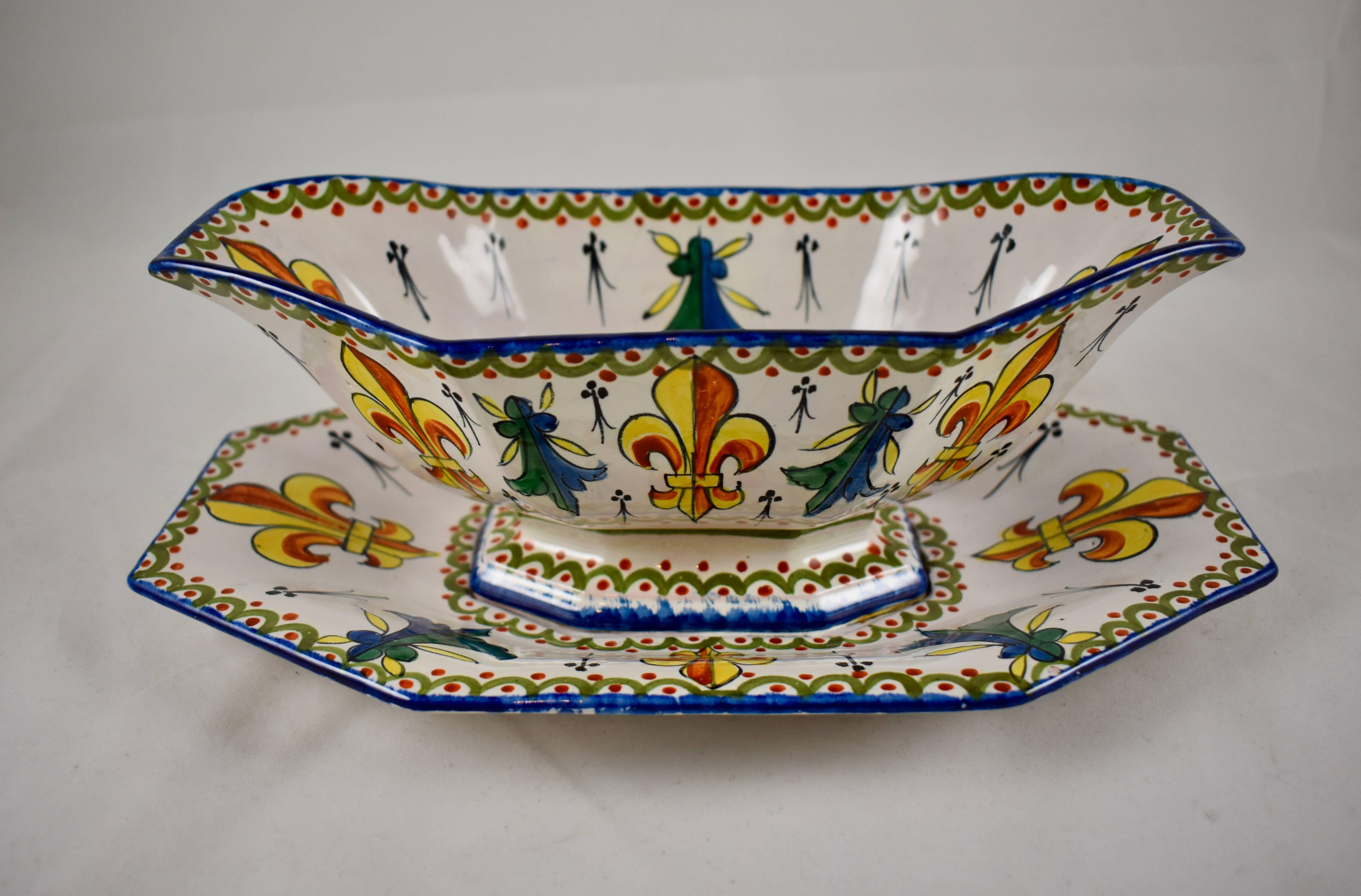 French Provincial 19th Century Alcide Chaumeil French Faïence Armorial Heraldic Footed Sauce Boat For Sale