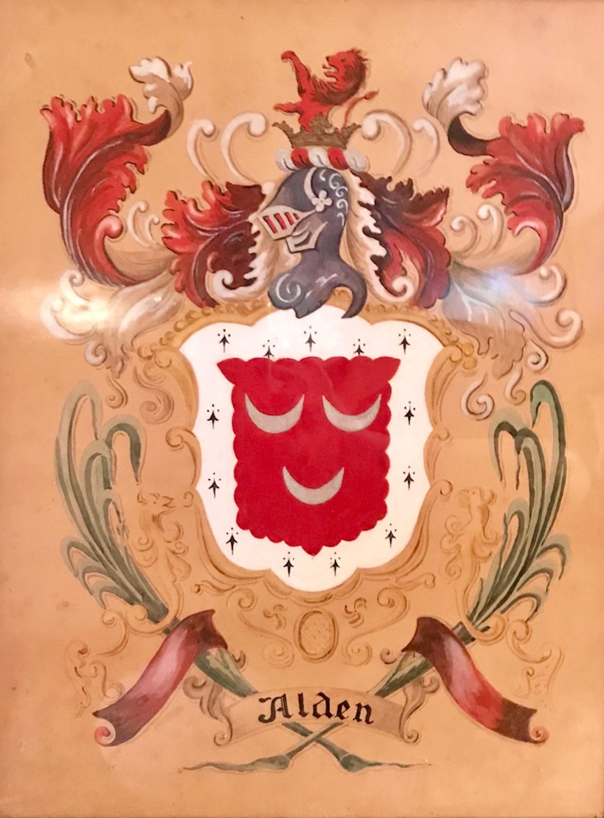 19th century Alden coat of arms surname Geneaology watercolor Guache on paper historic heraldry scottish family crest blazons

This ancient Coat of Arms is hand painted artwork honoring the Scottish family of Alden. This good work is watercolor and
