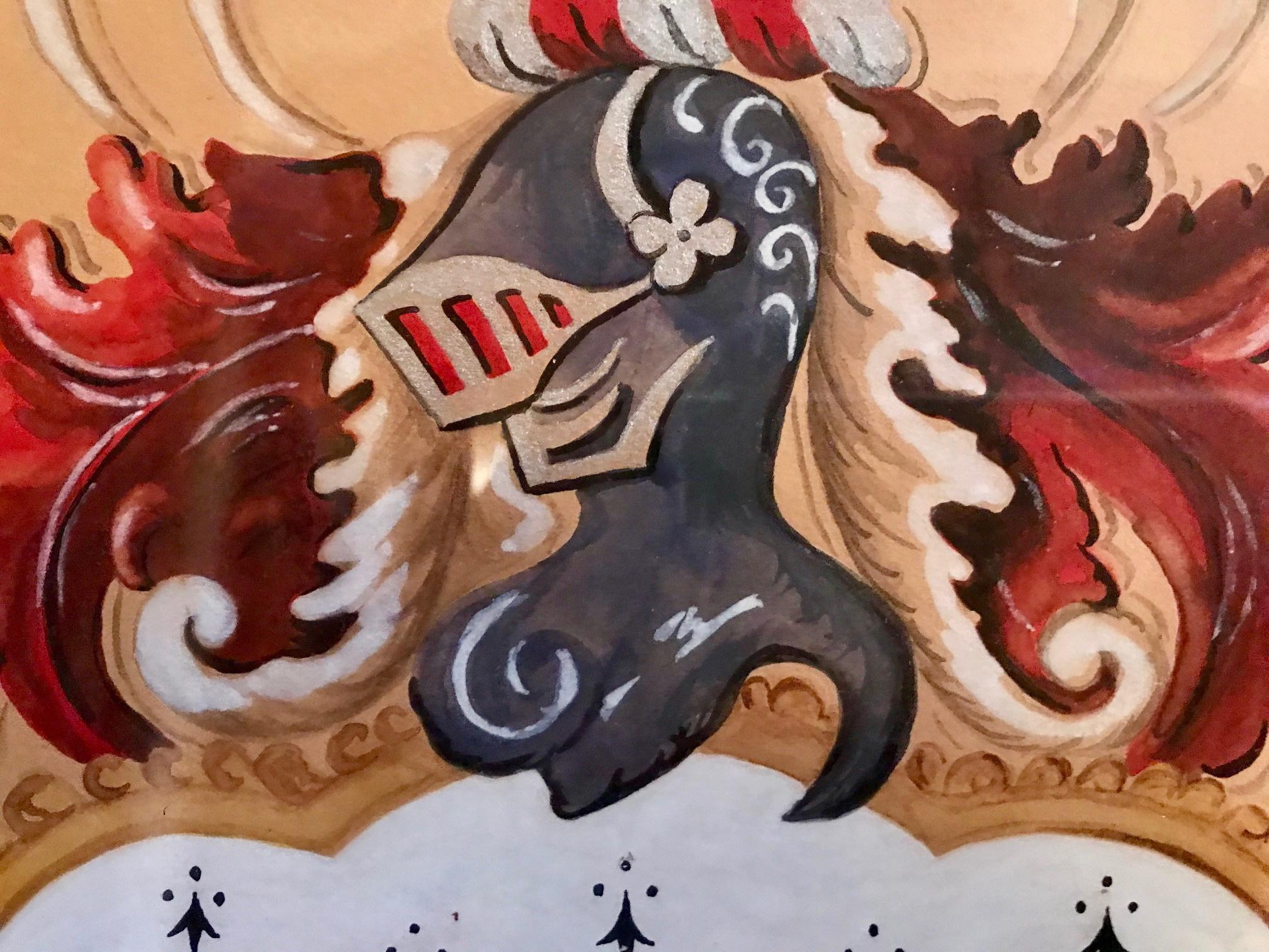 Hand-Painted 19th Century Alden Scottish Coat of Arms Watercolor and Guache on Paper Heraldry