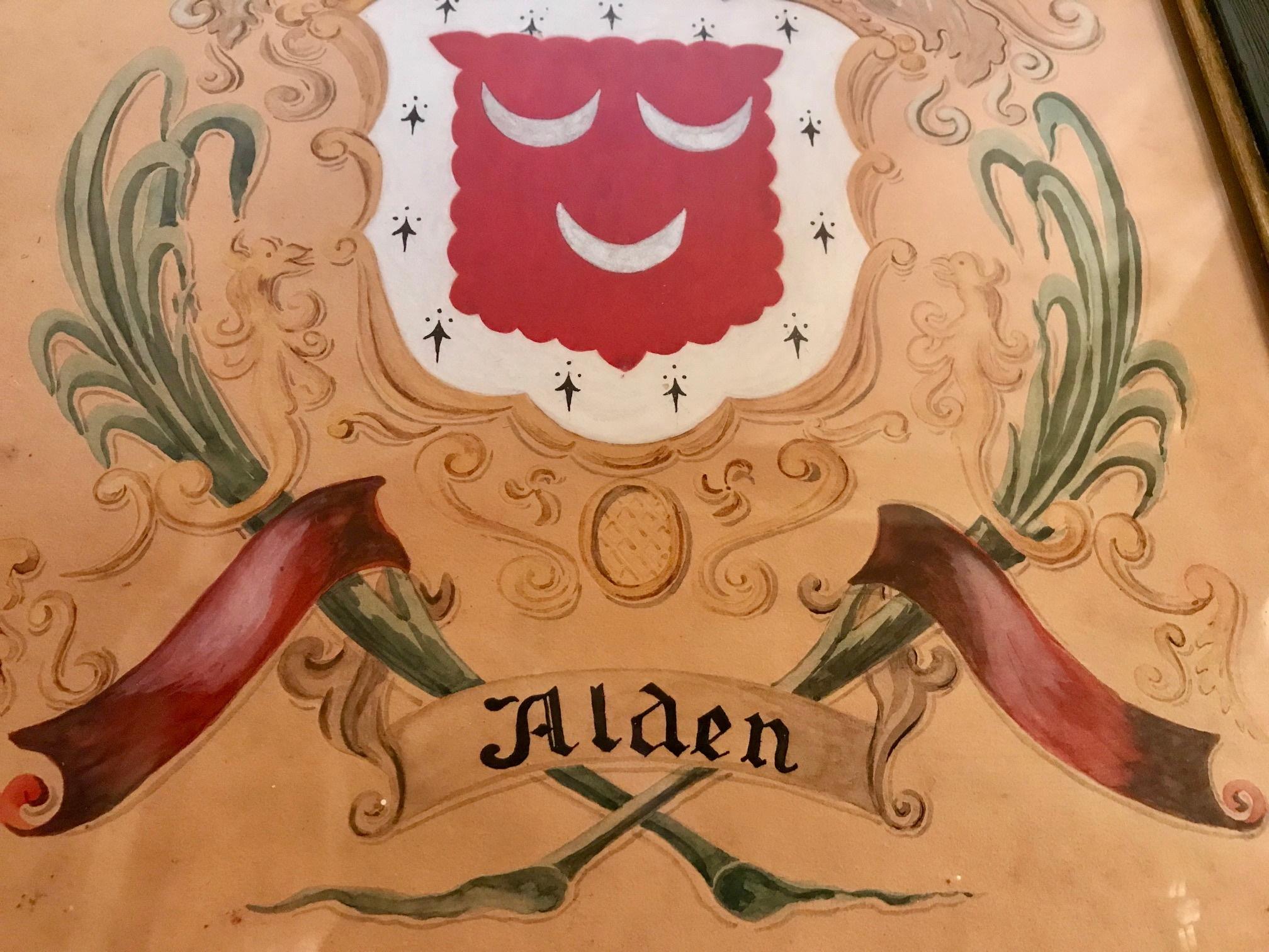 19th Century Alden Scottish Coat of Arms Watercolor and Guache on Paper Heraldry In Good Condition In Vero Beach, FL