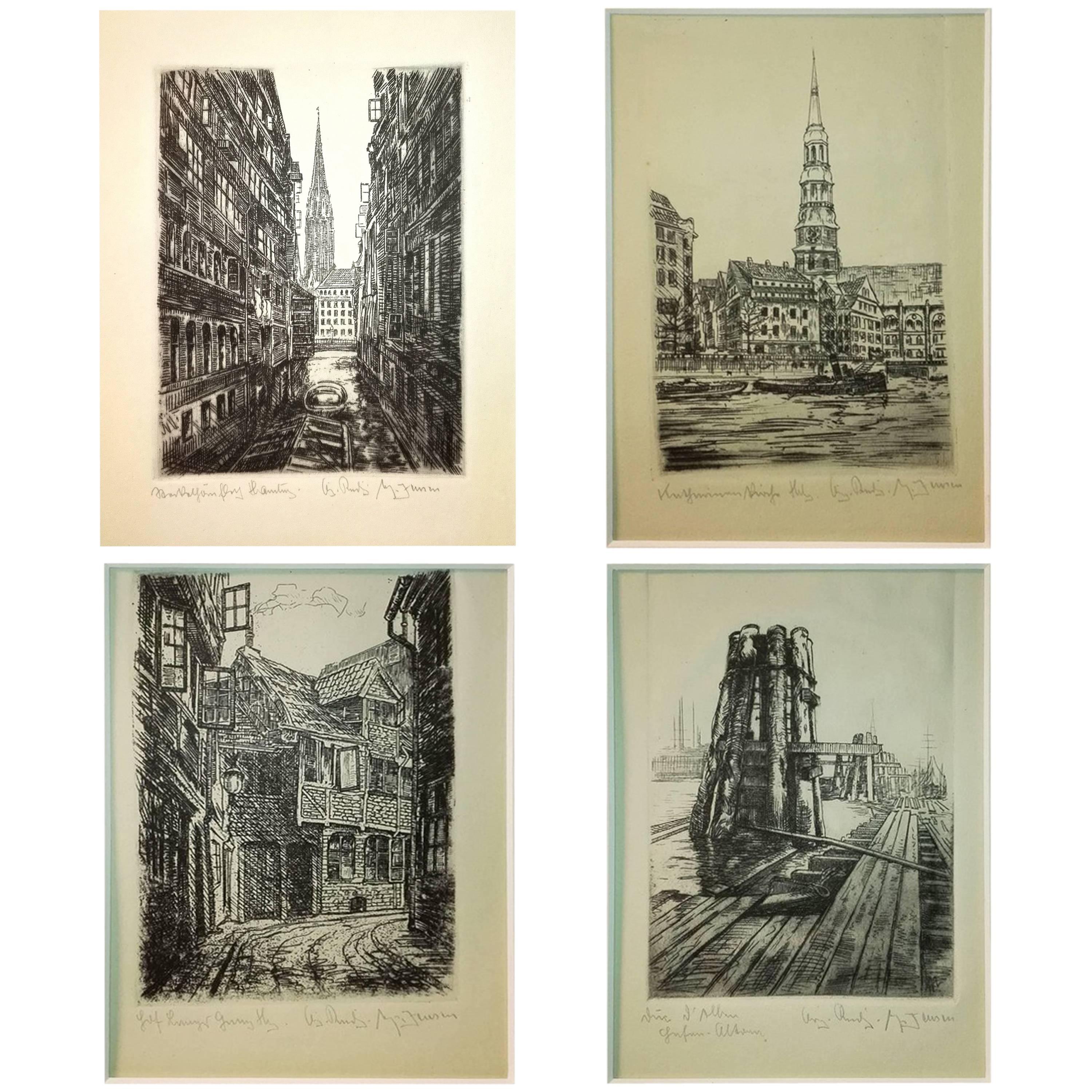19th Century Alfred Jensen Set of Four Etches Framed Old Hamburg For Sale