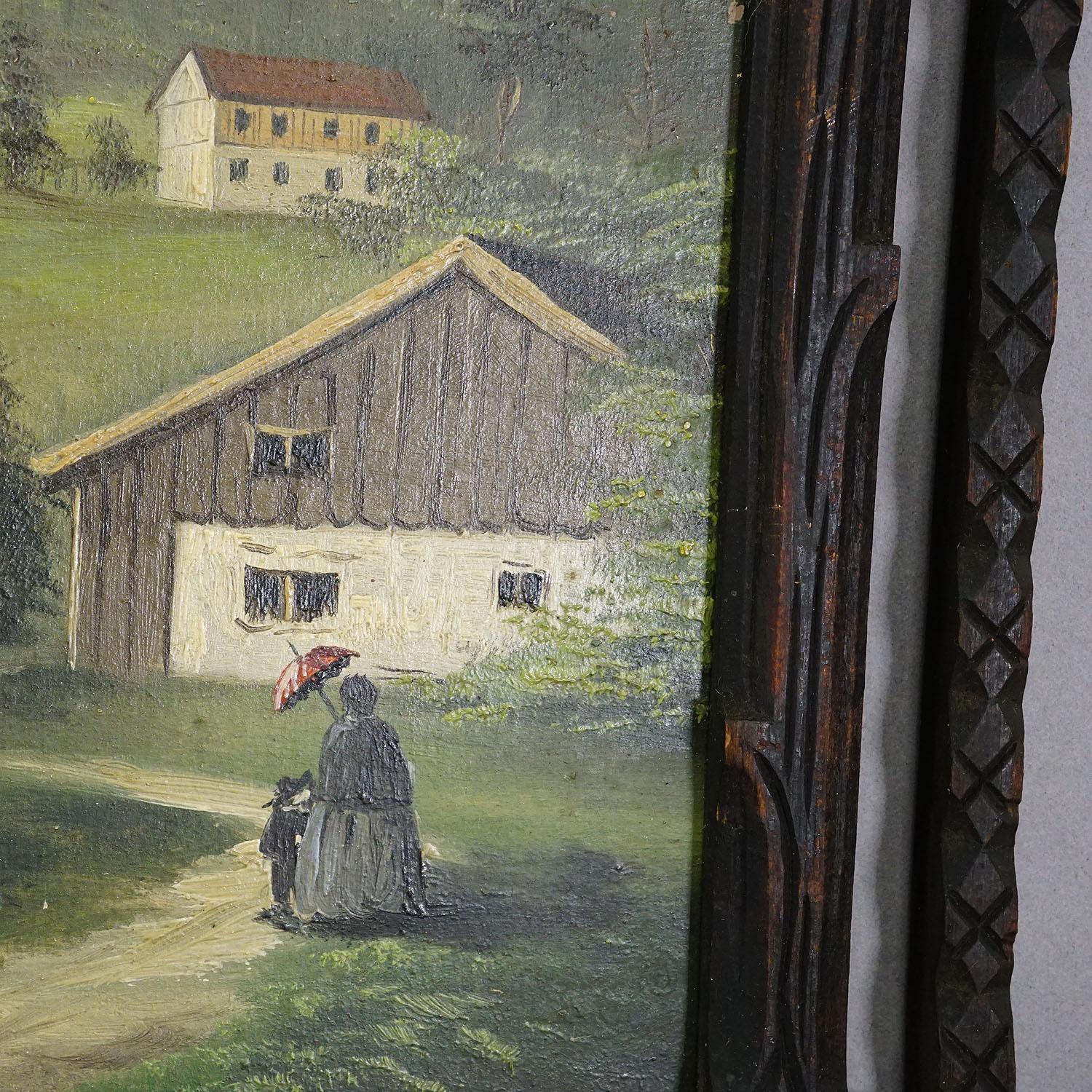 Pintura al óleo del siglo XIX sobre un paisaje alpino con un pueblo de montaña tirolés Biedermeier en venta