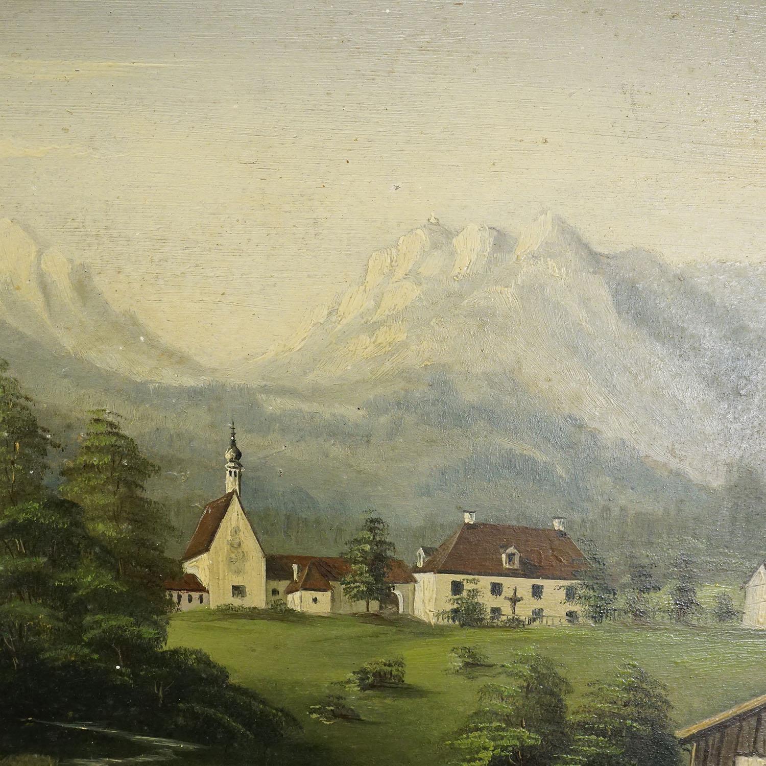 Pintura al óleo del siglo XIX sobre un paisaje alpino con un pueblo de montaña tirolés Alemán en venta