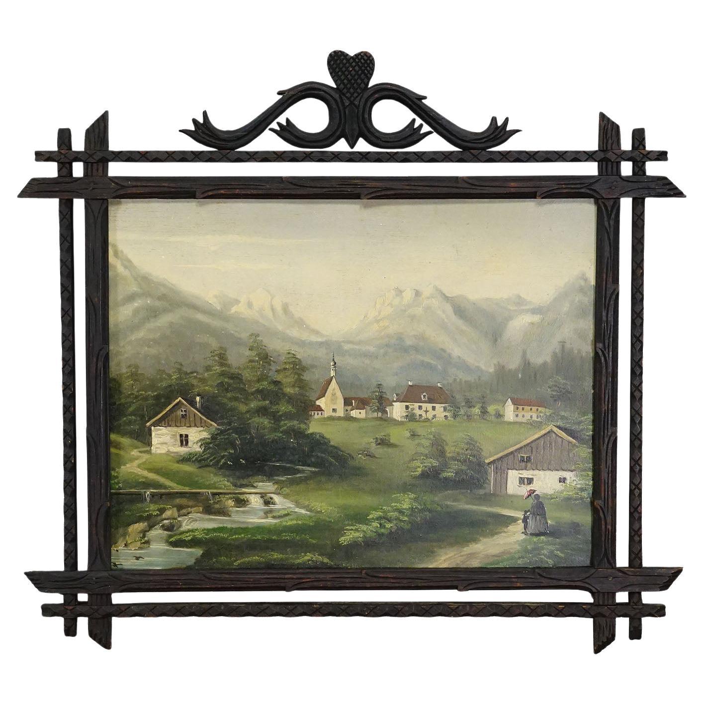 Peinture à l'huile du 19e siècle représentant un paysage alpin avec un village de montagnes Tyroliennes