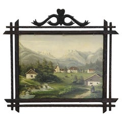 Peinture à l'huile du 19e siècle représentant un paysage alpin avec un village de montagnes Tyroliennes