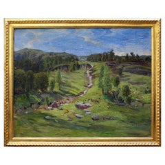 19th Century Alpine Landscape Painting Oil on Canvas by Pointillist Painter