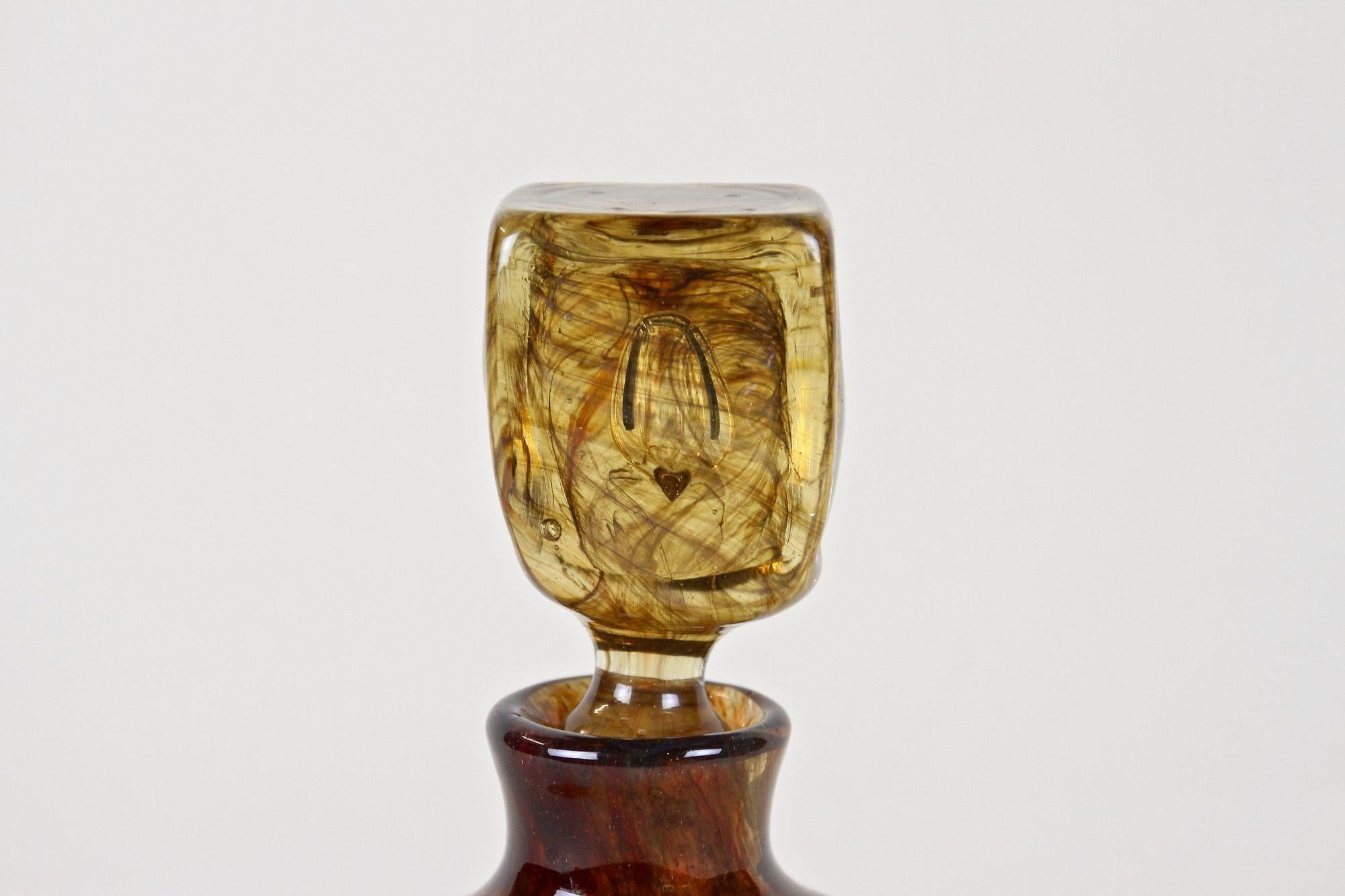 Austrian 19th Century Amber Colored Mouth Blown Glass Bottle with Plug, Austria ca. 1870