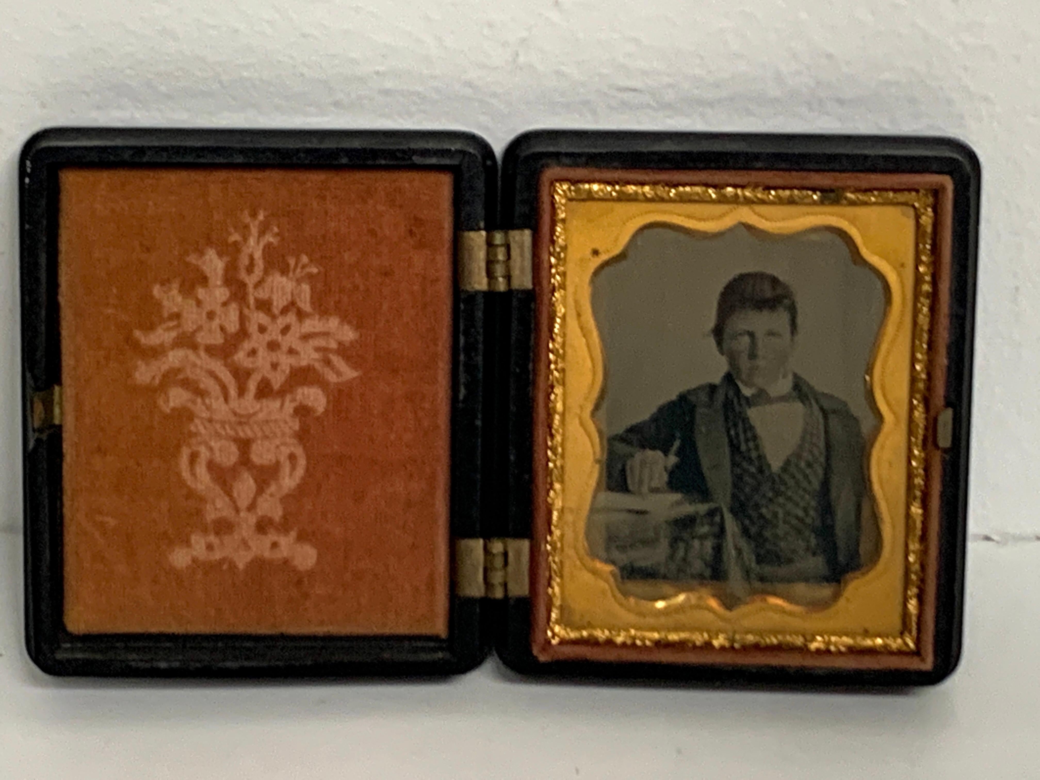 North American 19th Century Ambrotype of a Young Male Student/ Writer, Gutta Percha Case For Sale
