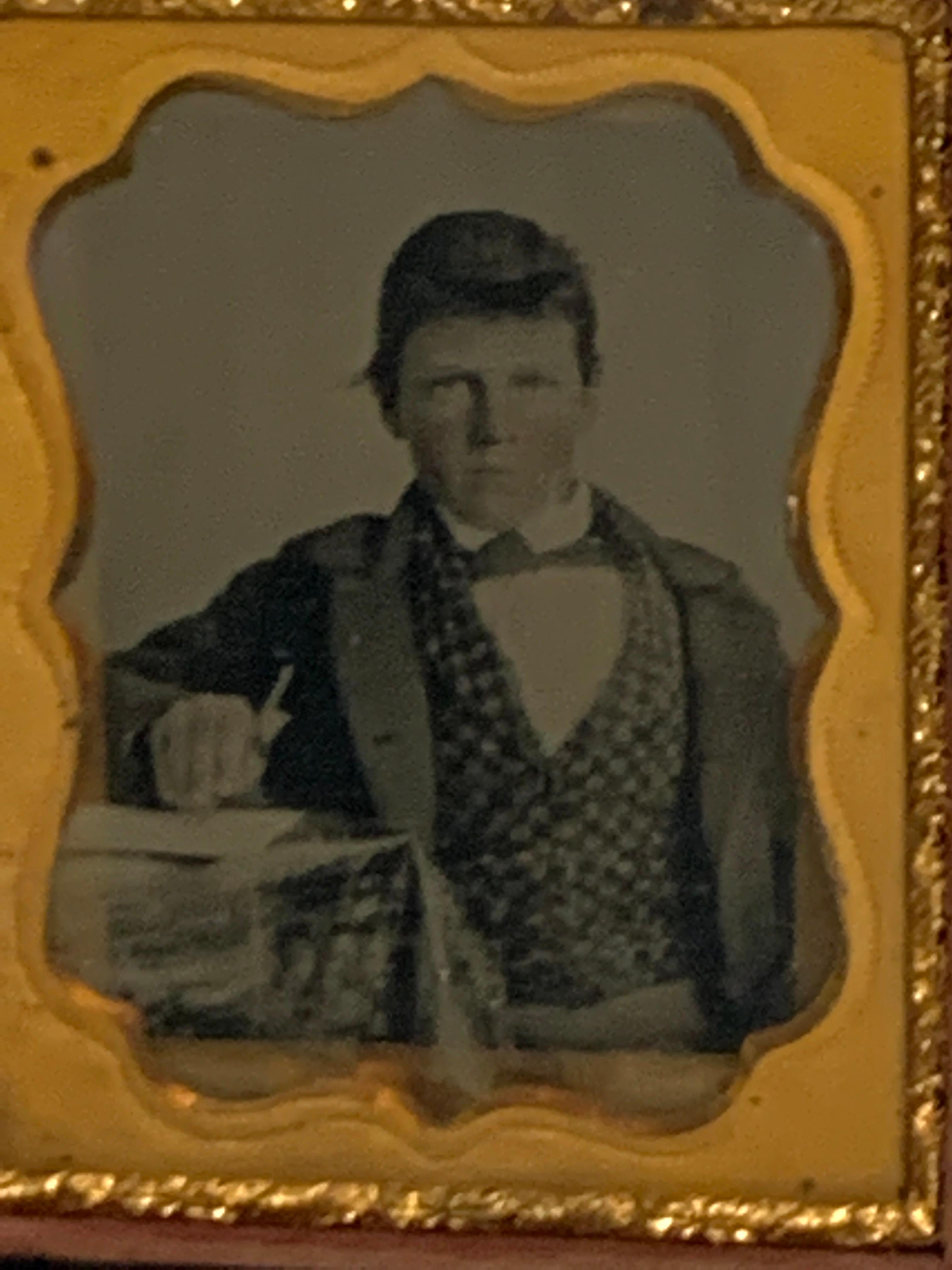 19th Century Ambrotype of a Young Male Student/ Writer, Gutta Percha Case In Good Condition For Sale In West Palm Beach, FL