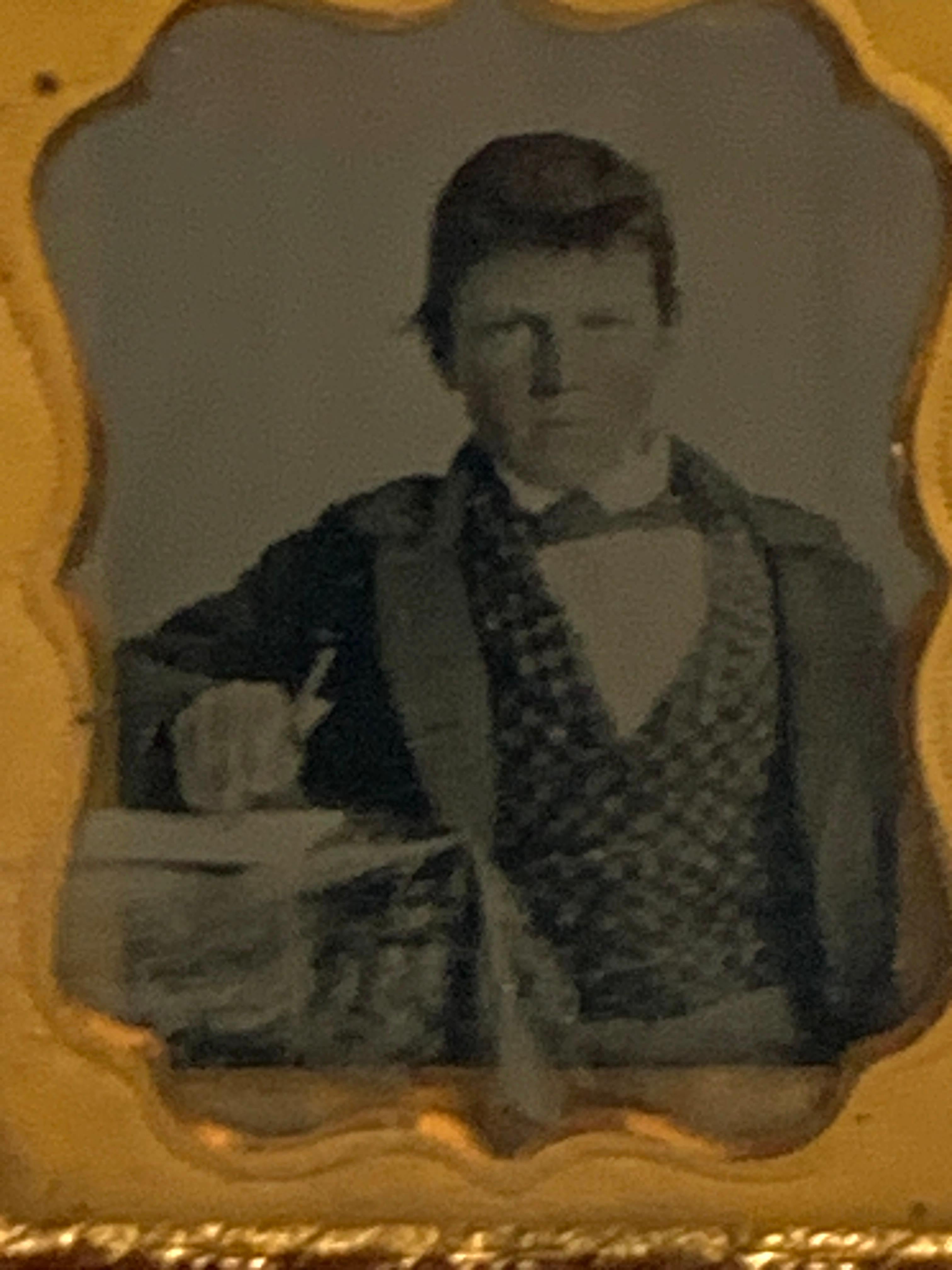 Glass 19th Century Ambrotype of a Young Male Student/ Writer, Gutta Percha Case For Sale