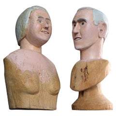 19th Century Amercian Folkart Self Taught Unique Pine Milliners Busts