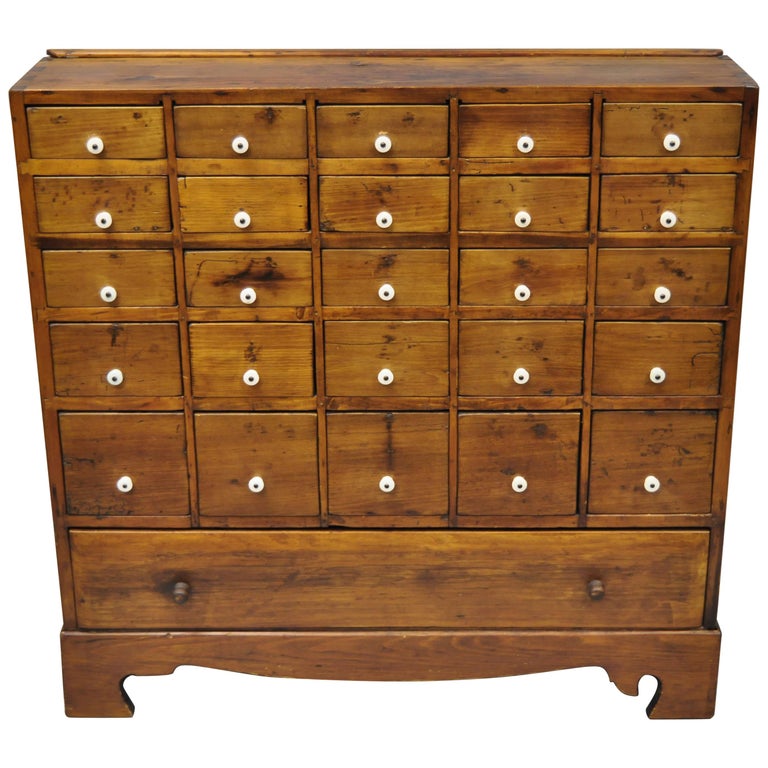 19th Century American 26 Drawer Dovetailed Pine Wood Apothecary
