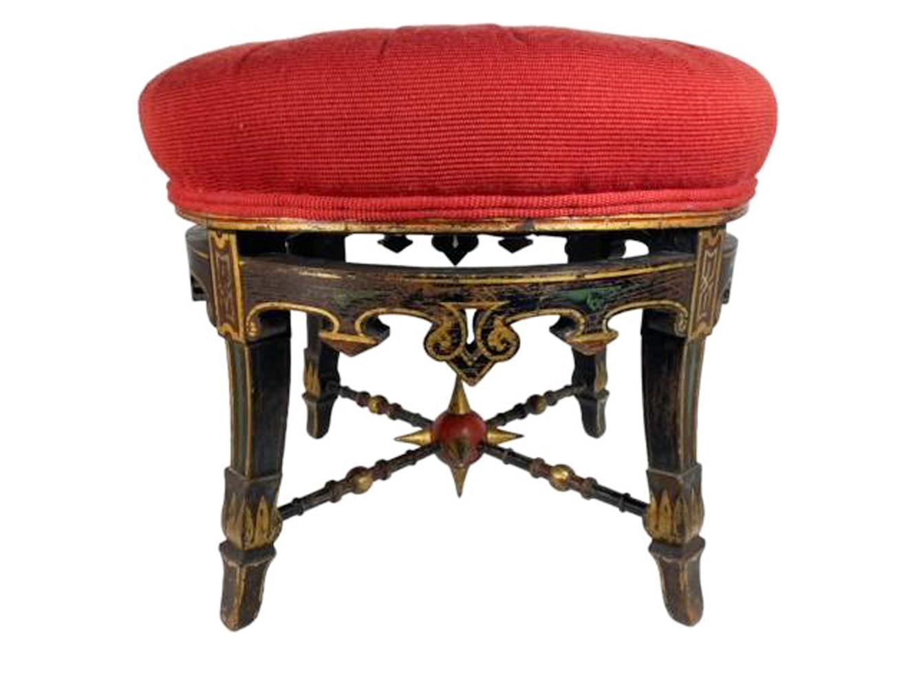 Fabric 19th Century American Aesthetic Period Grain Painted Stool with Upholstered Seat For Sale