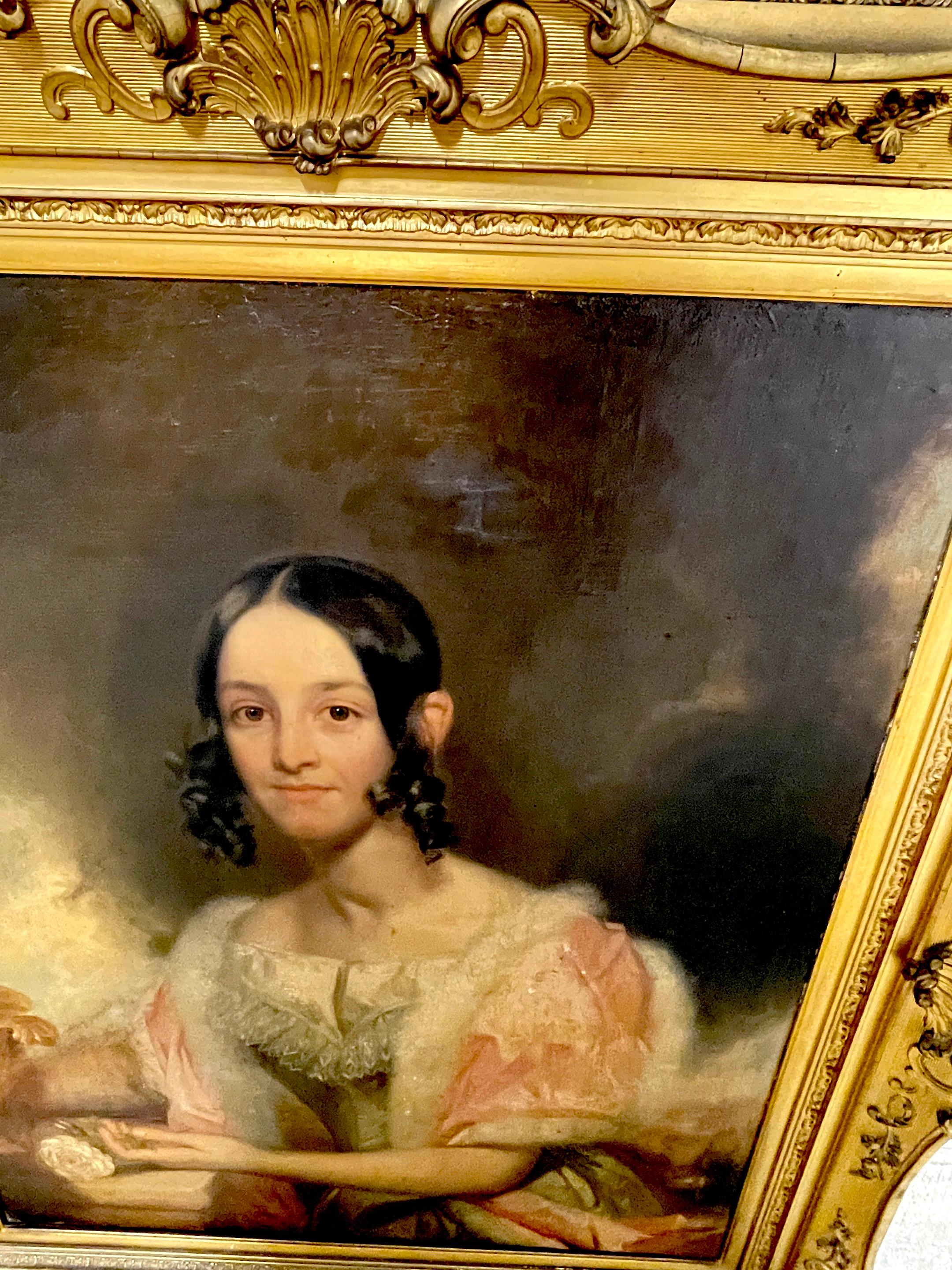 Amerikanisches Antebellum-Porträt einer Dame aus dem 19. Jahrhundert, Originalrahmen aus vergoldetem Holz im Angebot 3