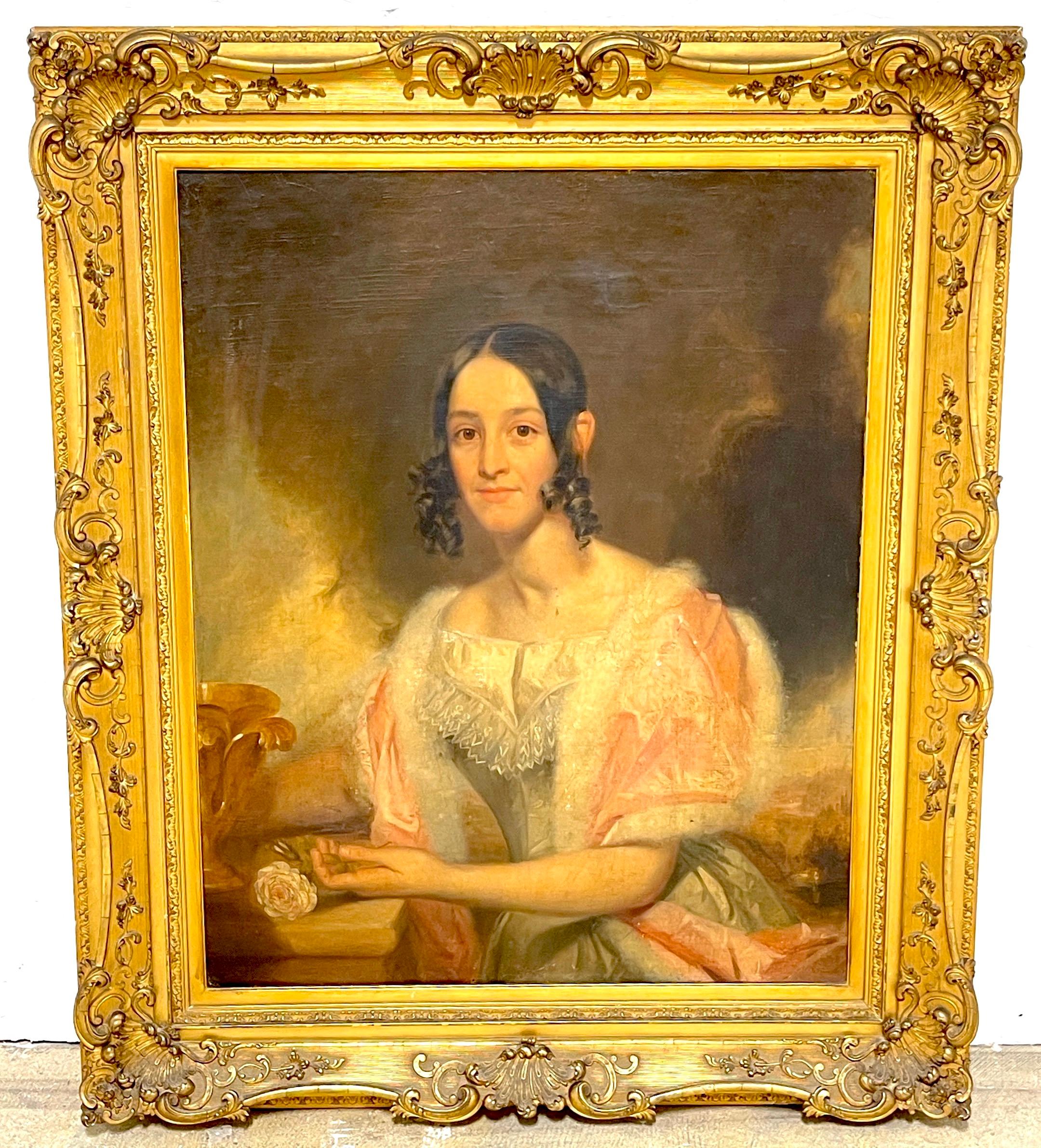 Amerikanisches Antebellum-Porträt einer Dame aus dem 19. Jahrhundert, Originalrahmen aus vergoldetem Holz 
Öl auf Leinwand 36-Zoll hoch x 30-Zoll breit 
Offensichtlich unsigniert 
USA, ca. 1850

Dieses amerikanische Antebellum-Porträt einer Dame aus