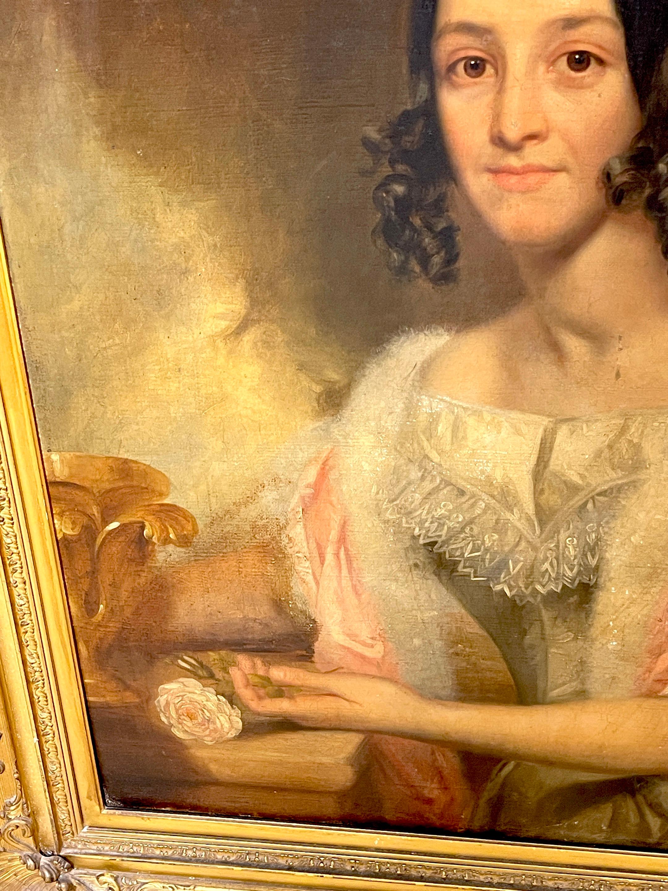 Amerikanisches Antebellum-Porträt einer Dame aus dem 19. Jahrhundert, Originalrahmen aus vergoldetem Holz (Amerikanische Klassik) im Angebot